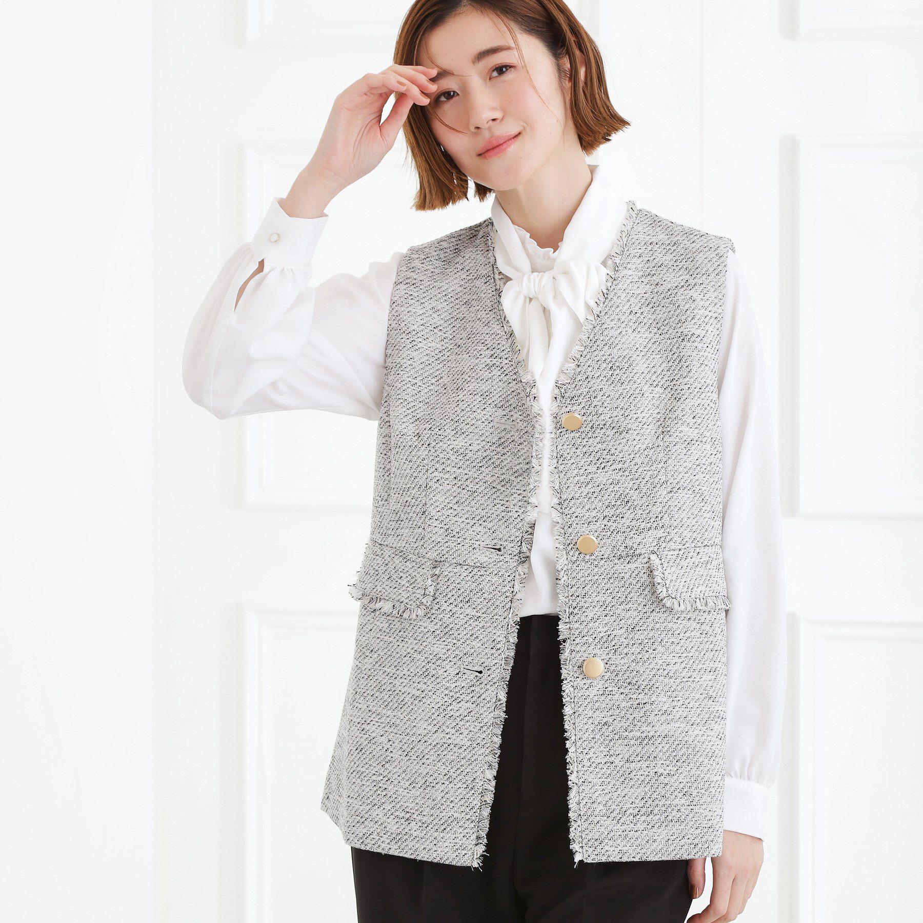 grove「【手洗いOK】ツイードペプラムジレ」|ベスト・ジレ|ブラック(419)