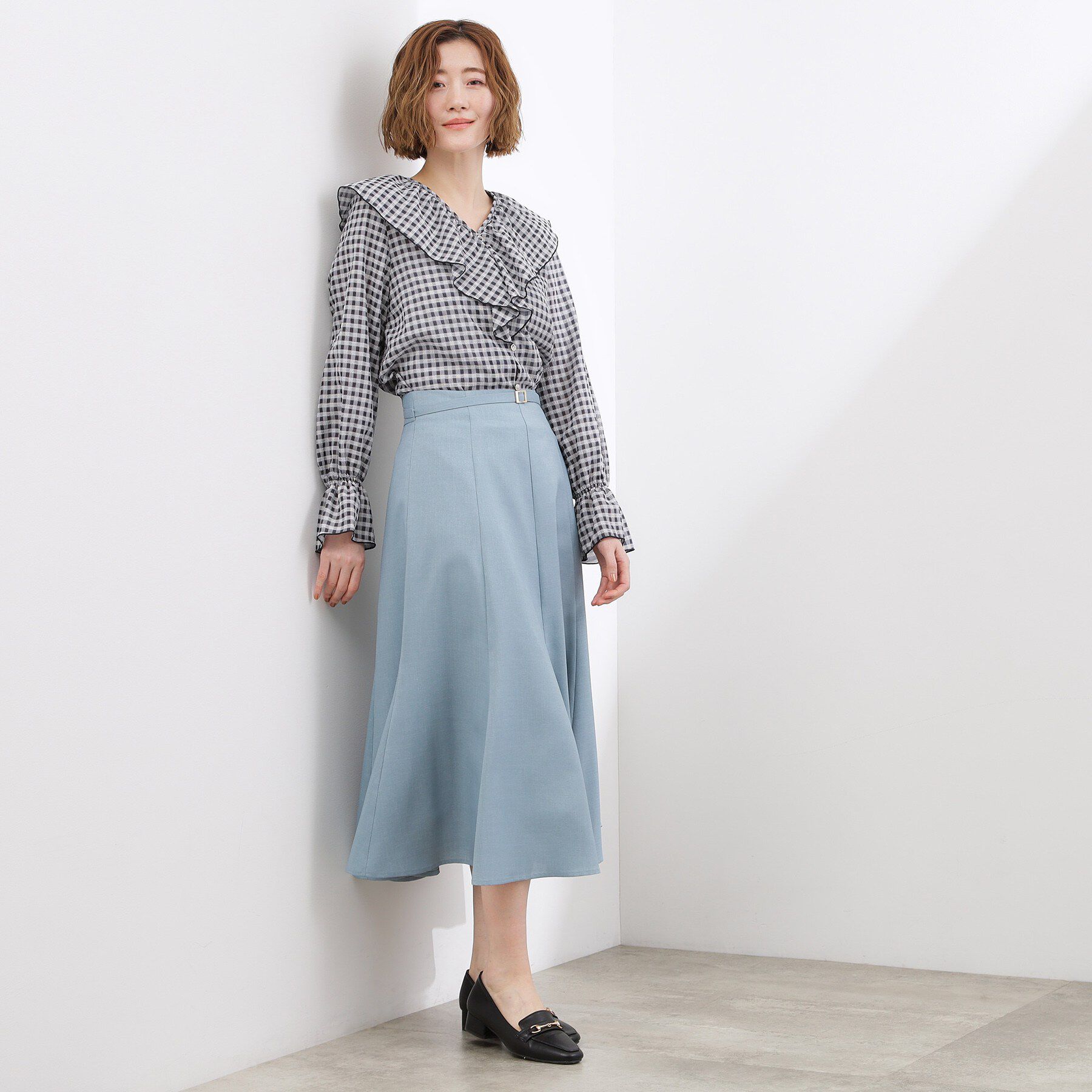 grove「大人の華やぎチェックフリルブラウス」|シャツ・ブラウス|