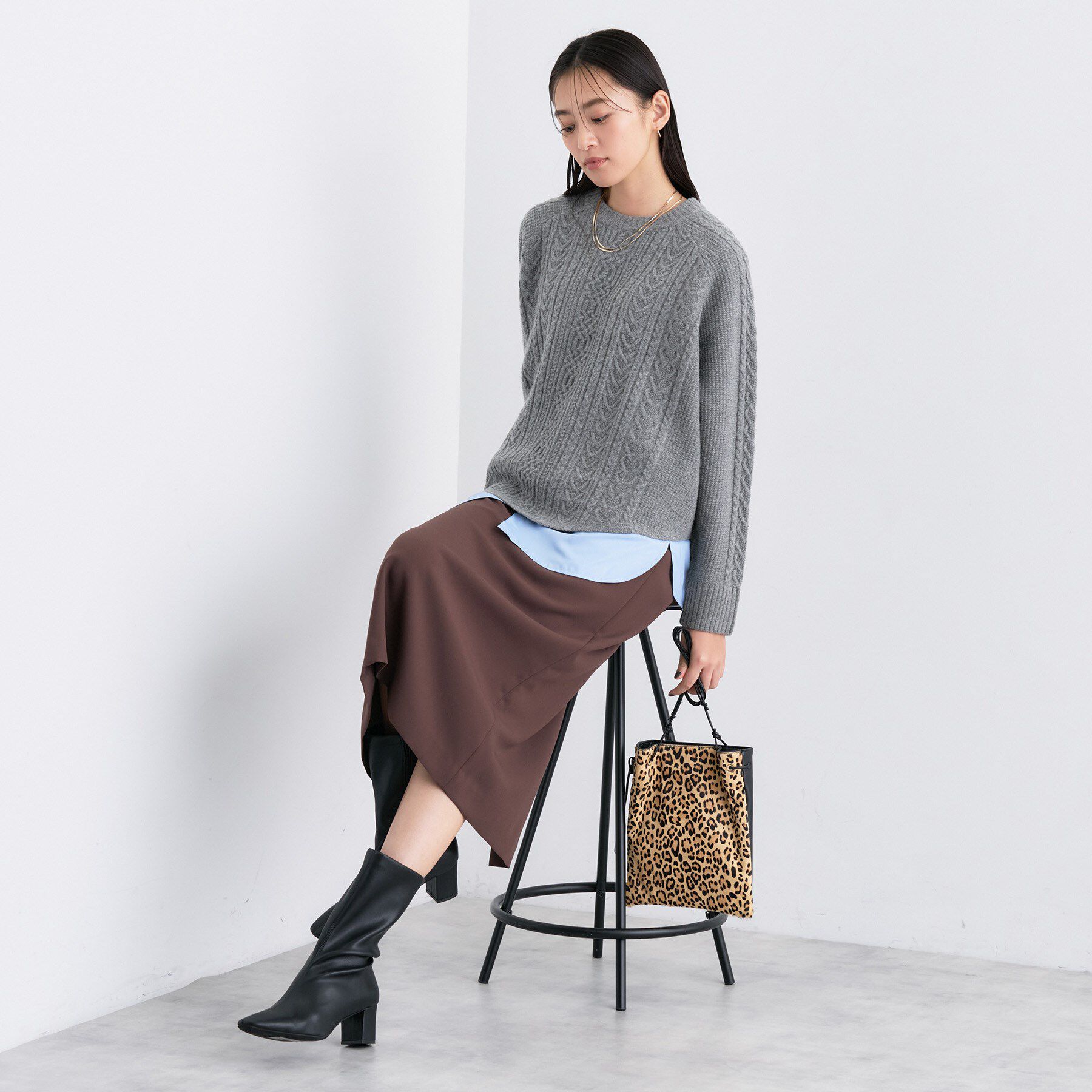 INDIVI「【洗える】ケーブルデザイン ラウンドヘムニット」|ニット・セーター|