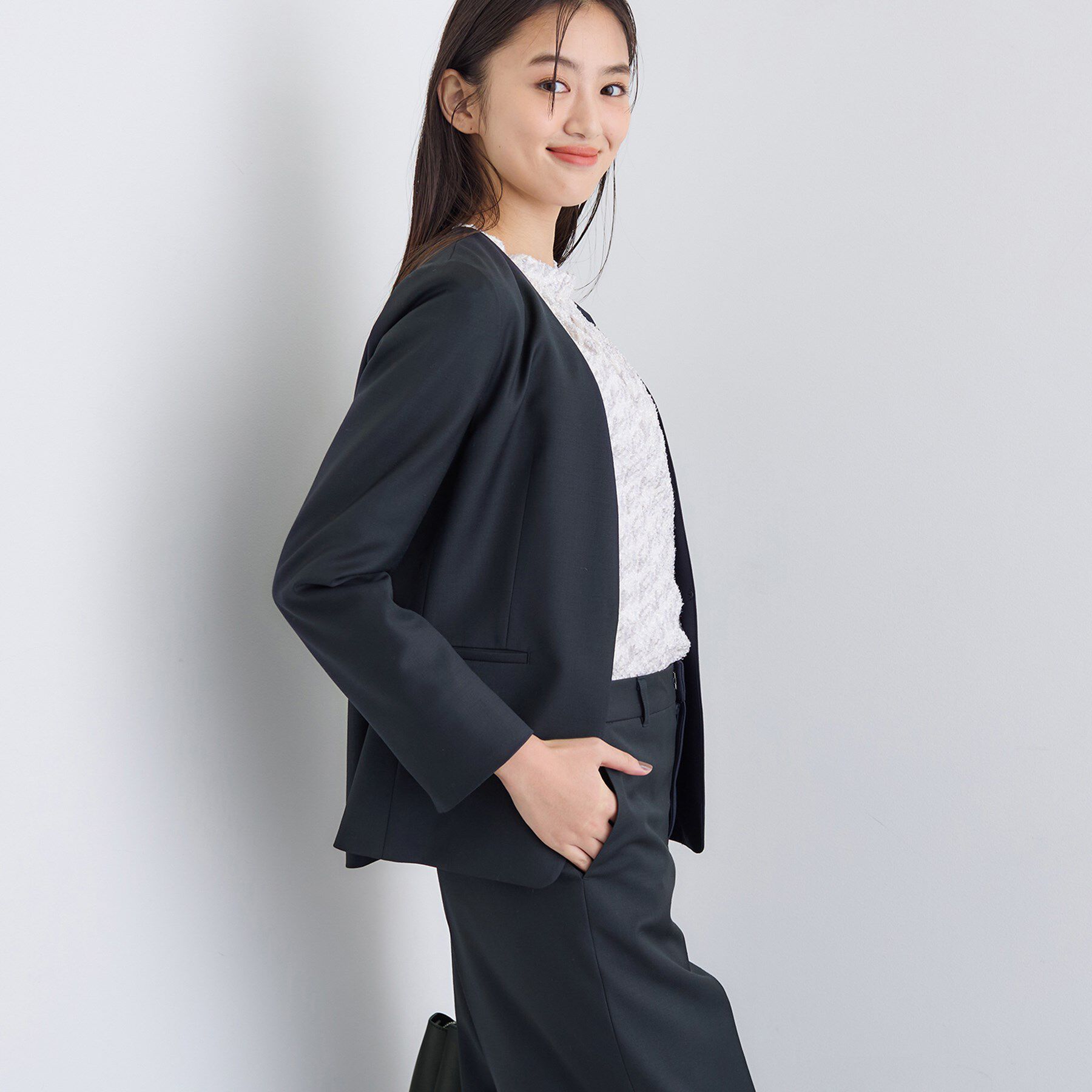 INDIVI「【日本製／スーツ／通勤】シルクウールストレッチ ノーカラージャケット」|スーツ|