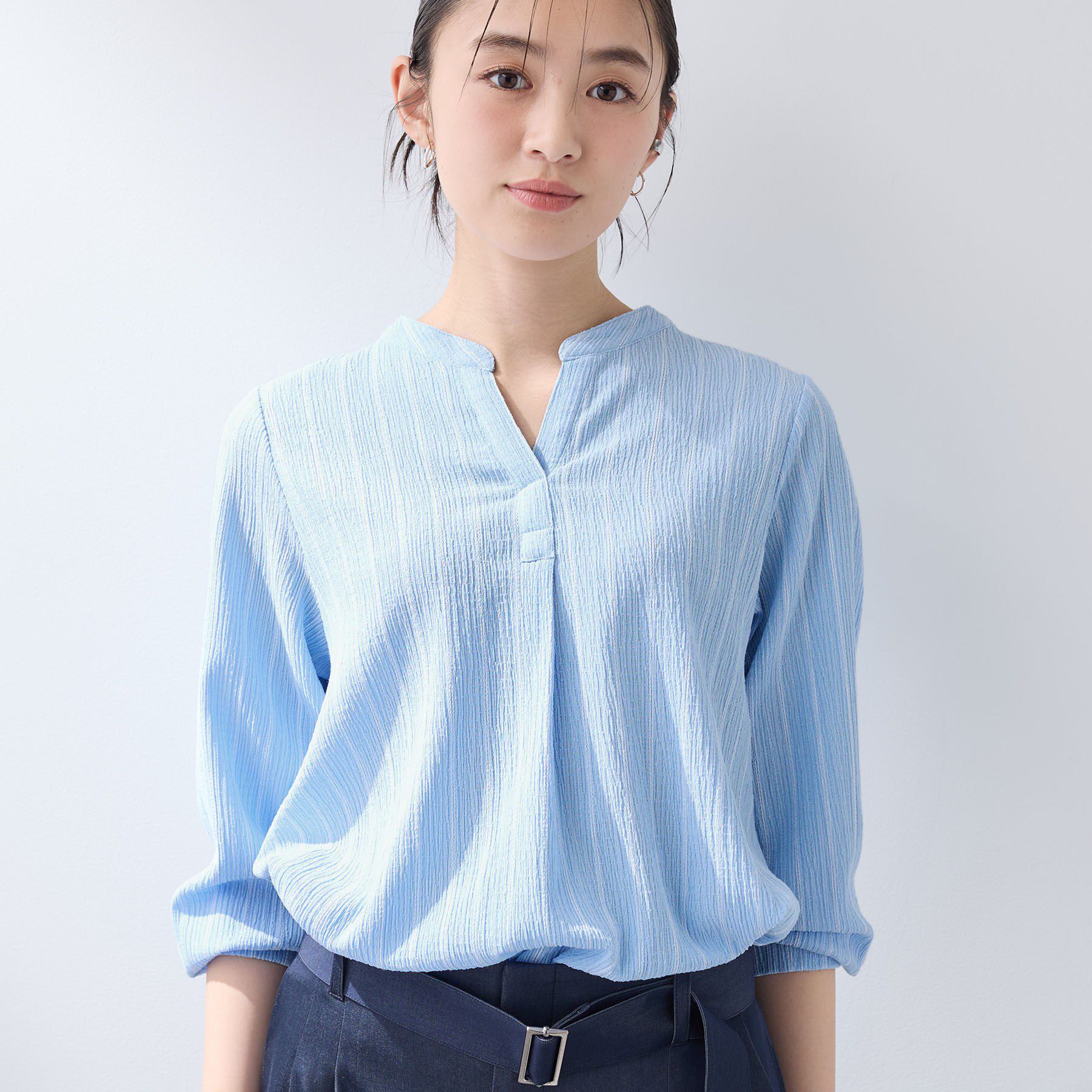 INDIVI「【洗える／着心地楽ちん】ブラウス風ストライプカットソートップス」|Tシャツ・カットソー|サックスブルー(39