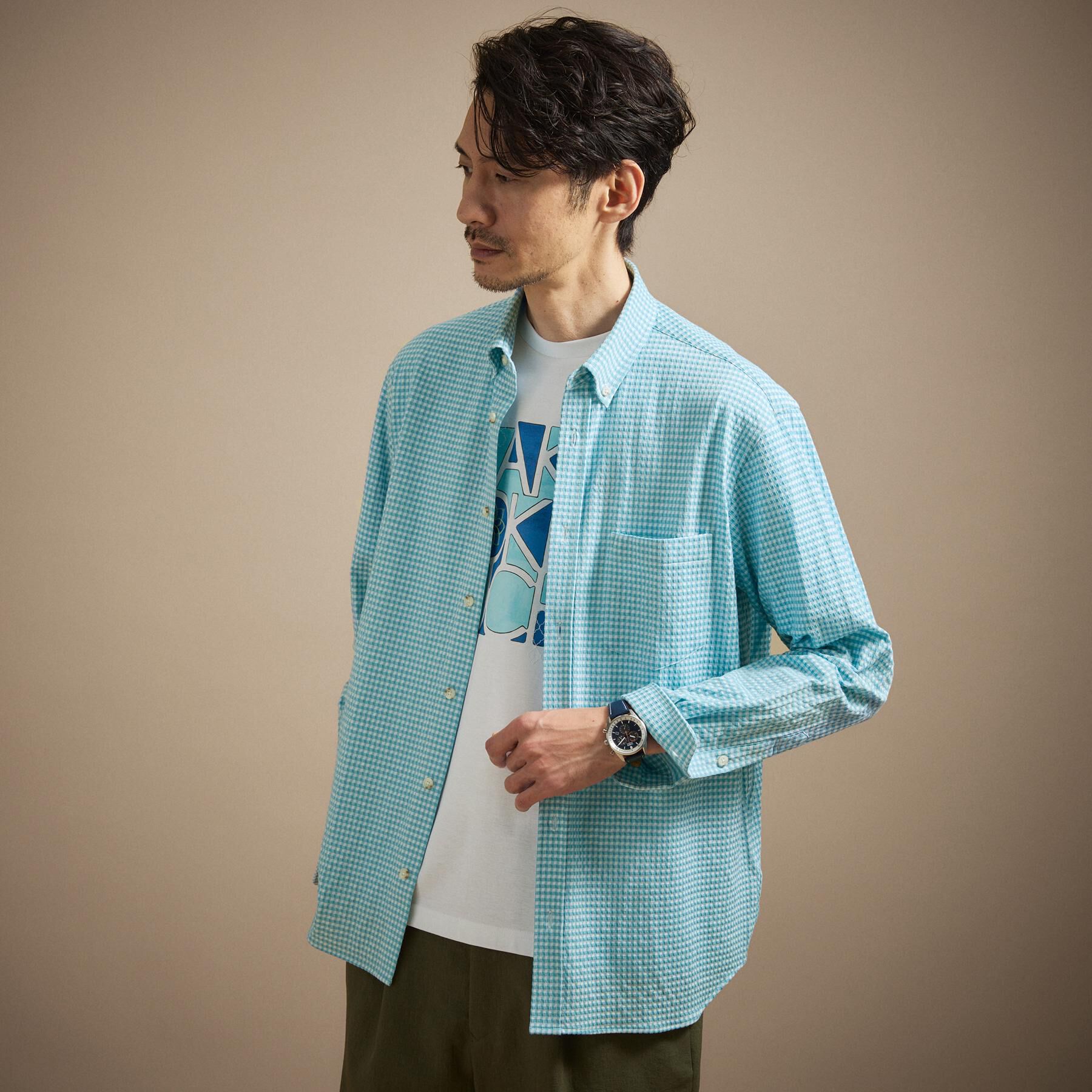 TAKEO KIKUCHI「【抗菌防臭/シーズンレス】シアサッカーギンガムチェック ストレッチシャツ」|シャツ・ブラウス|ブルー(292)