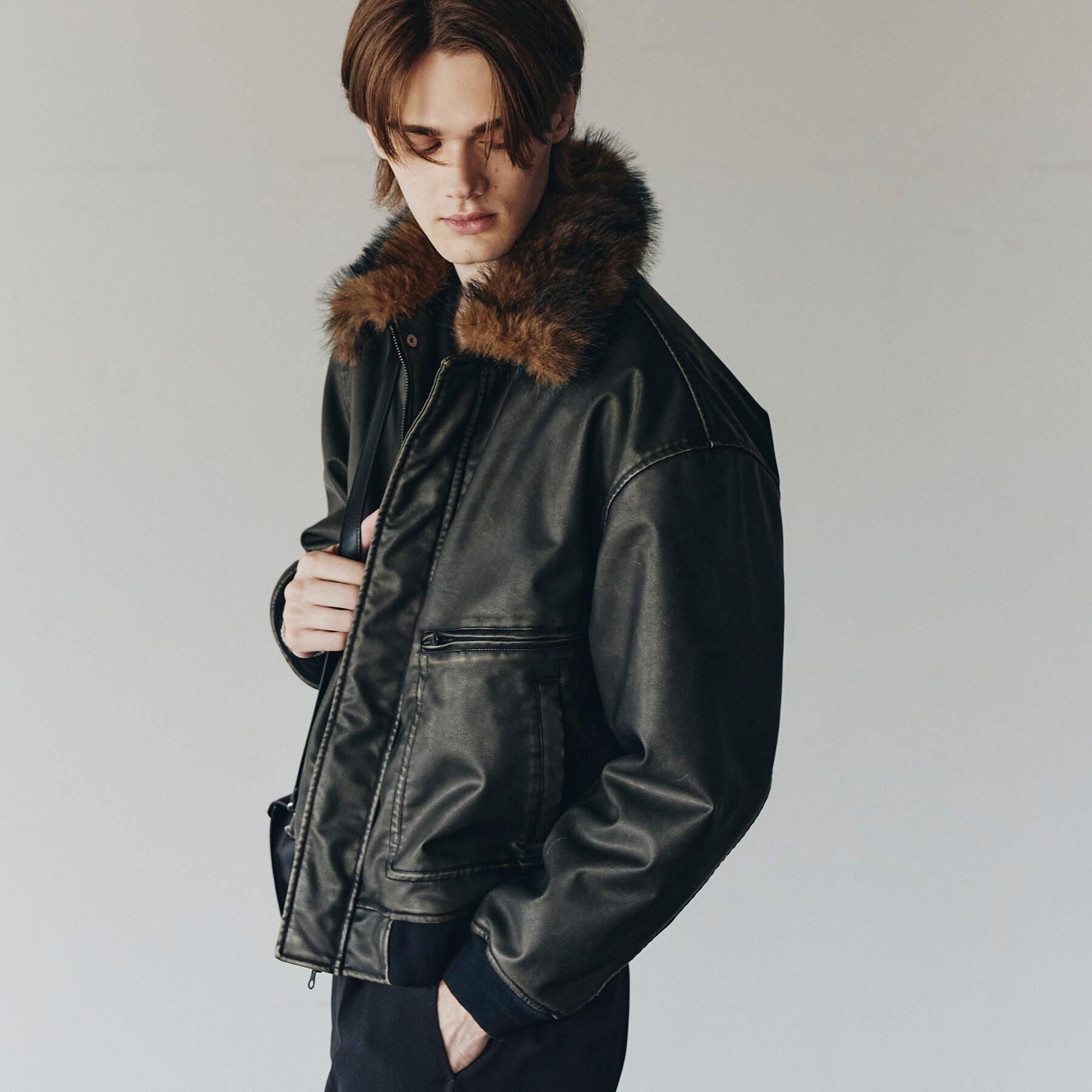 tk.TAKEO KIKUCHI「ヴィンテージライク衿フェイクファーブルゾン」|ブルゾン・スタジャン|ブラック(119)