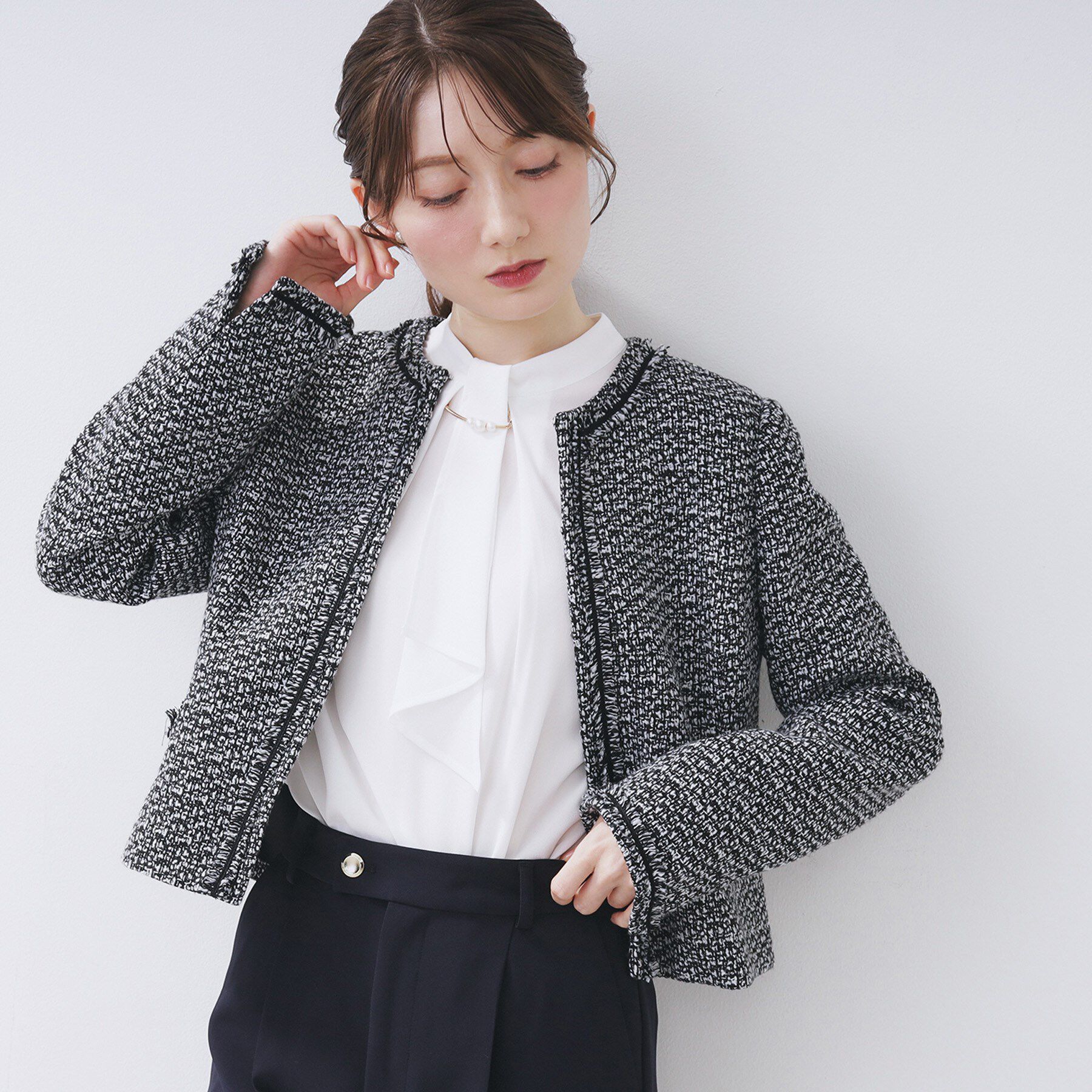 index「《通勤/セットアップ対応》ノーカラーツイードジャケット【洗濯機OK】」|ノーカラージャケット|