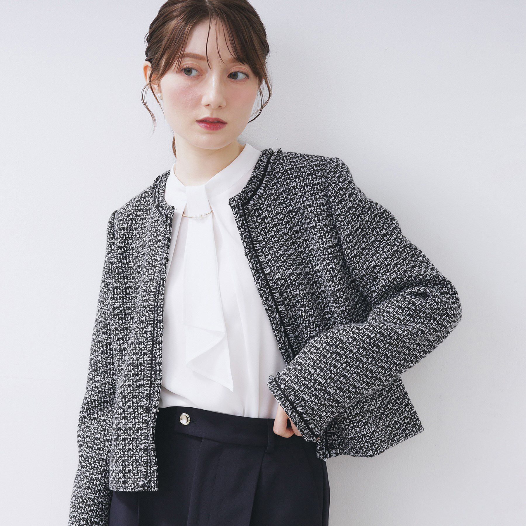 index「《通勤/セットアップ対応》ノーカラーツイードジャケット【洗濯機OK】」|ノーカラージャケット|ブラック(519)