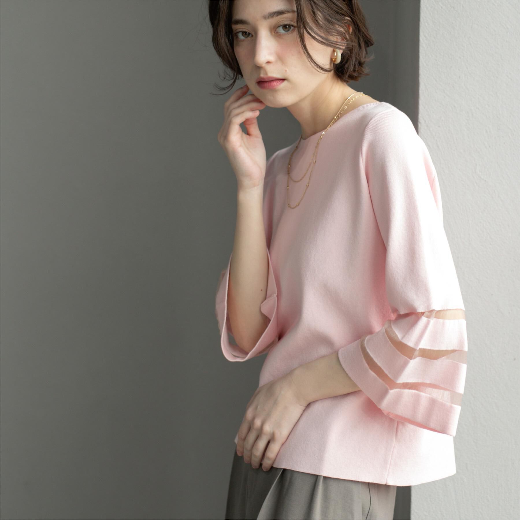 OPAQUE.CLIP「《6色展開》シアーボーダーフレアスリーブニット【洗濯機洗い可】」|ニット・セーター|