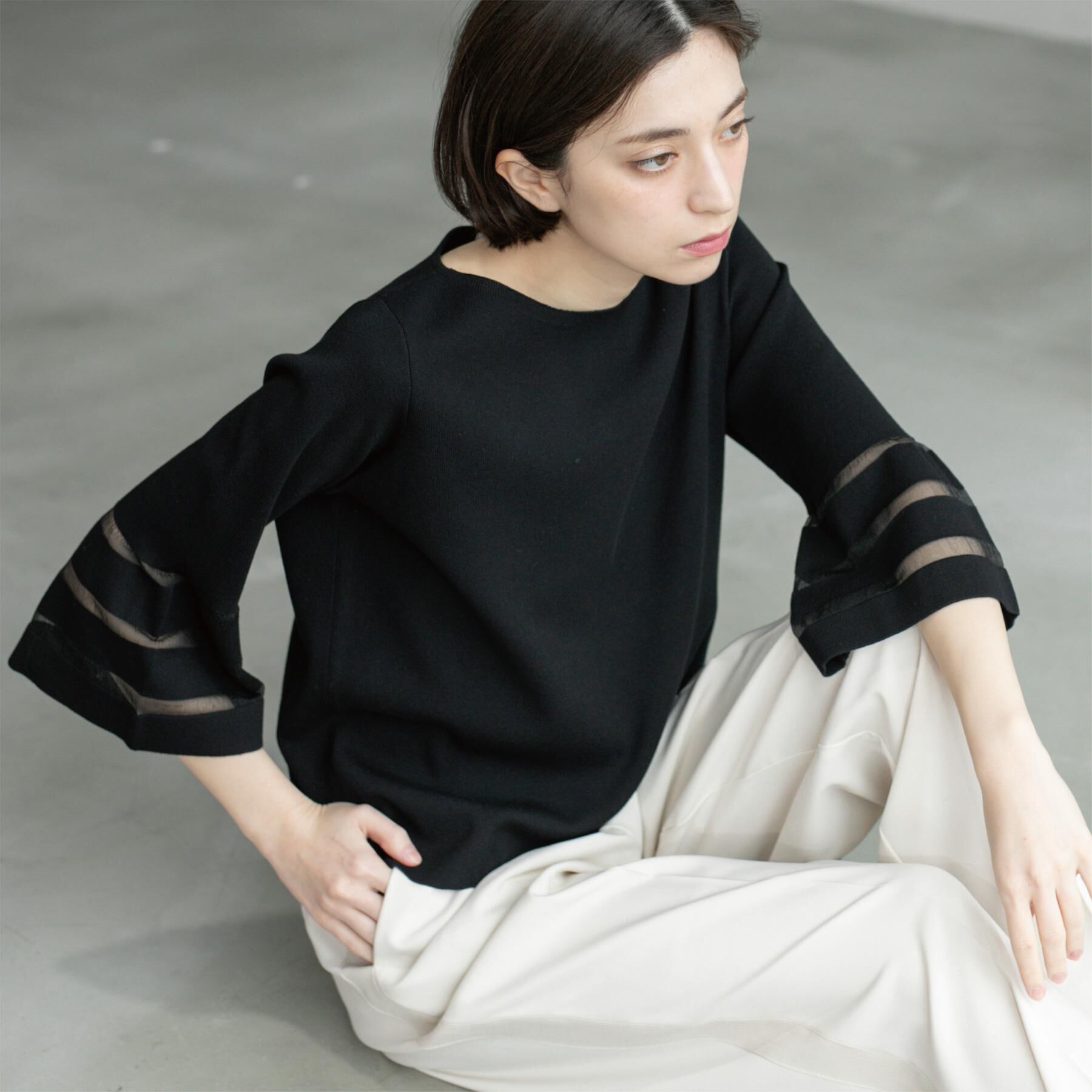 OPAQUE.CLIP「《6色展開》シアーボーダーフレアスリーブニット【洗濯機洗い可】」|ニット・セーター|