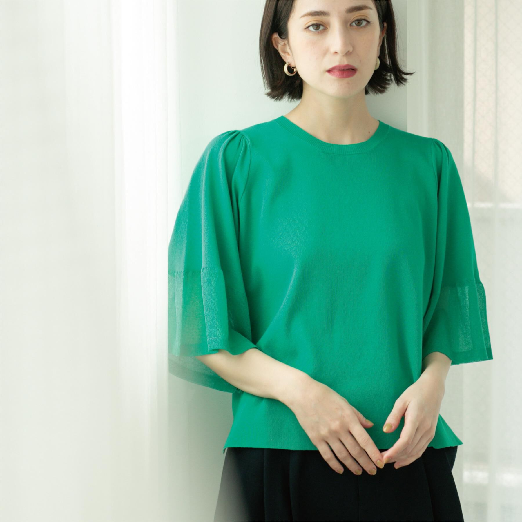 OPAQUE.CLIP「《5色展開》シアーフレアスリーブニット【洗濯機洗い可】」|ニット・セーター|