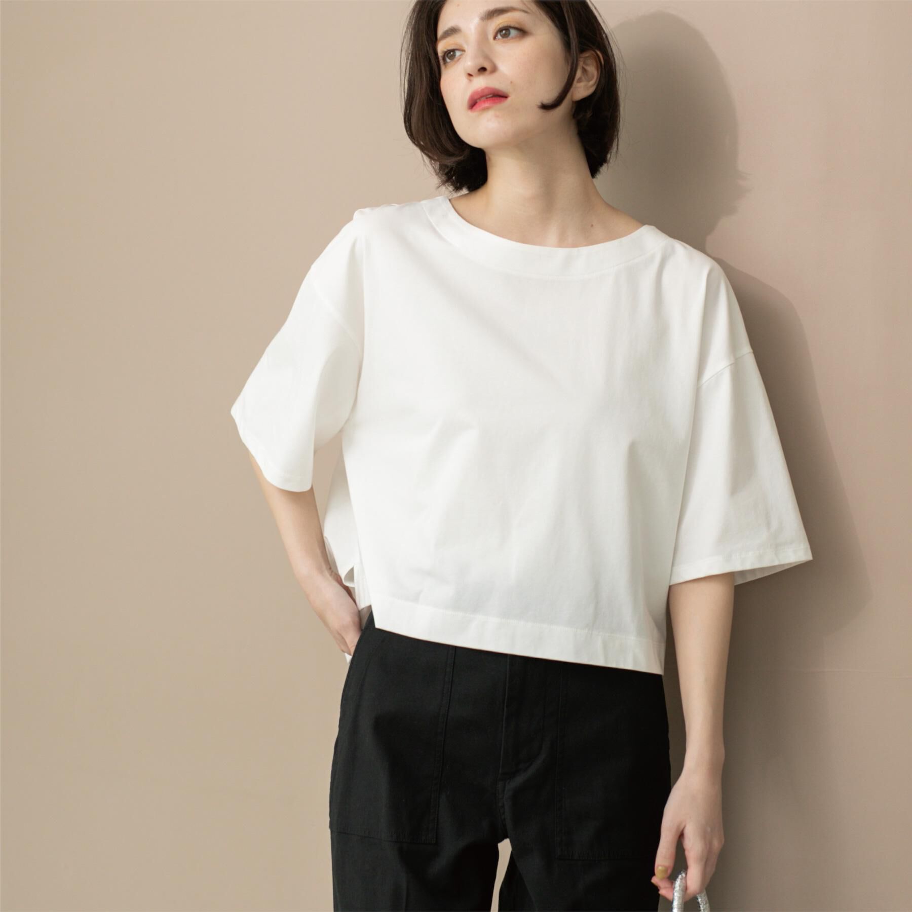 OPAQUE.CLIP「ボートネックショートTシャツ【洗濯機洗い可】」|Tシャツ・カットソー|