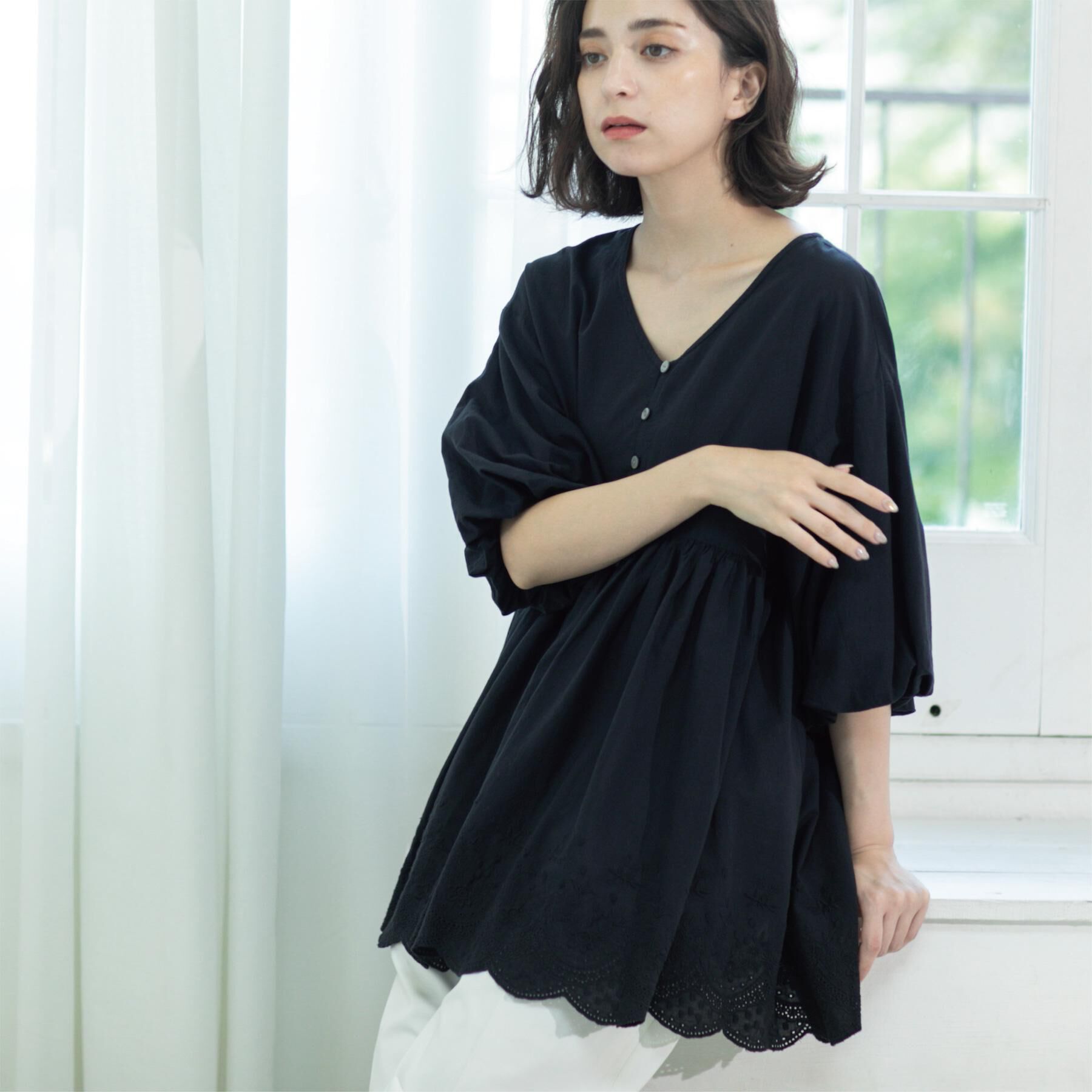 OPAQUE.CLIP「バルーン袖スカラップ刺繍レースチュニック」|シャツ・ブラウス|