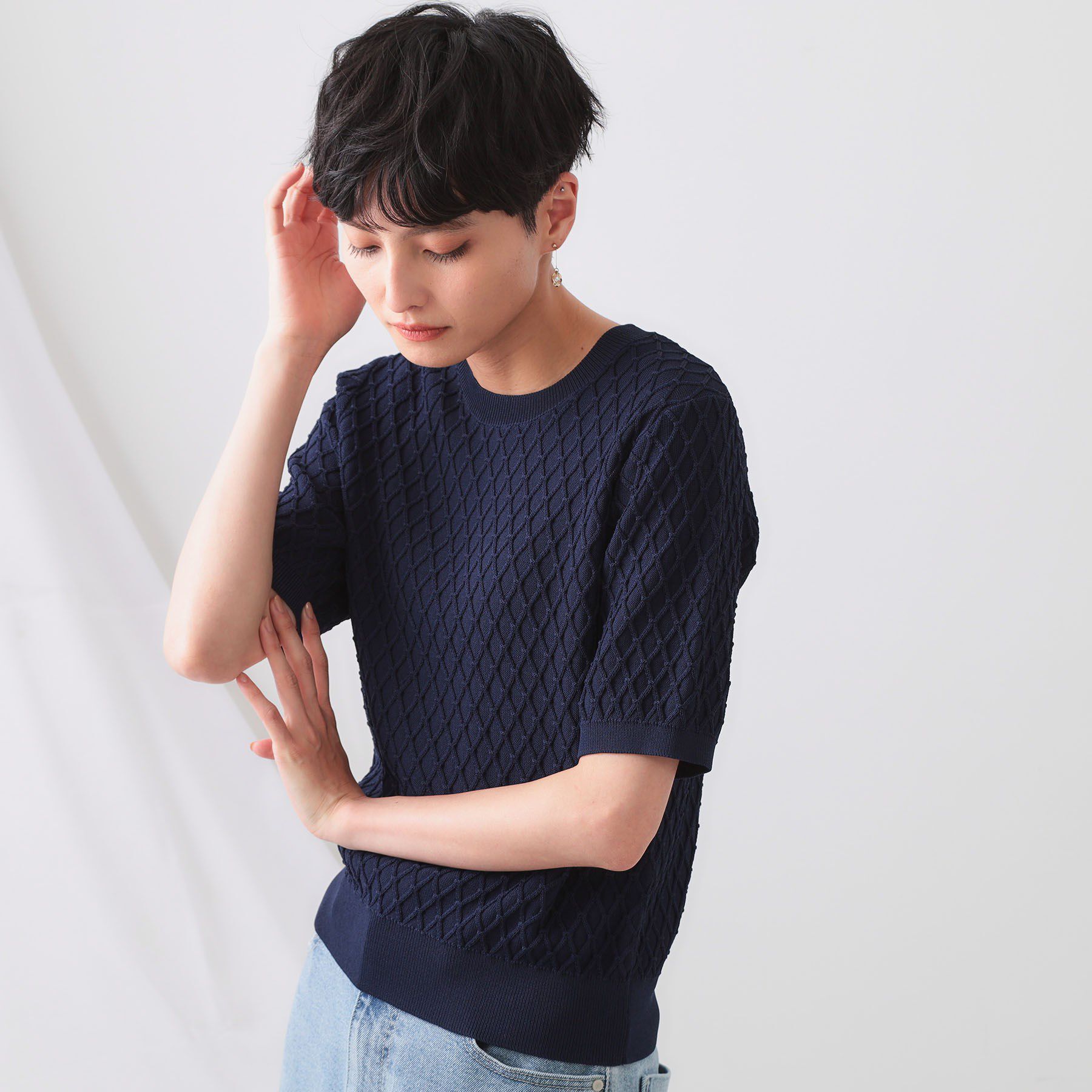 OPAQUE.CLIP「柄編みハーフスリーブニット【洗濯機洗い可】」|ニット・セーター|