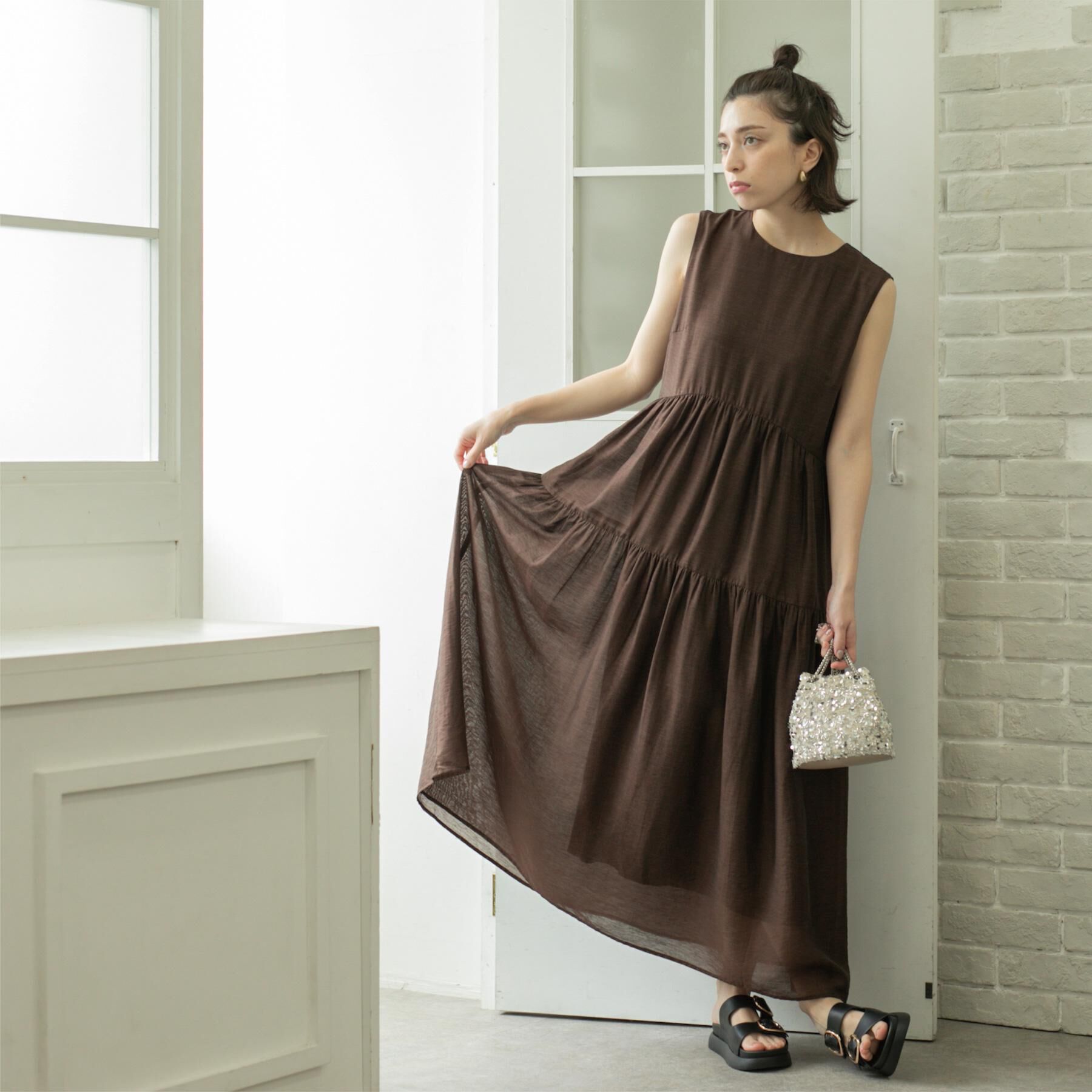 OPAQUE.CLIP「麻混シアーギャザーティアードワンピース【洗濯機洗い可】」|ワンピース|