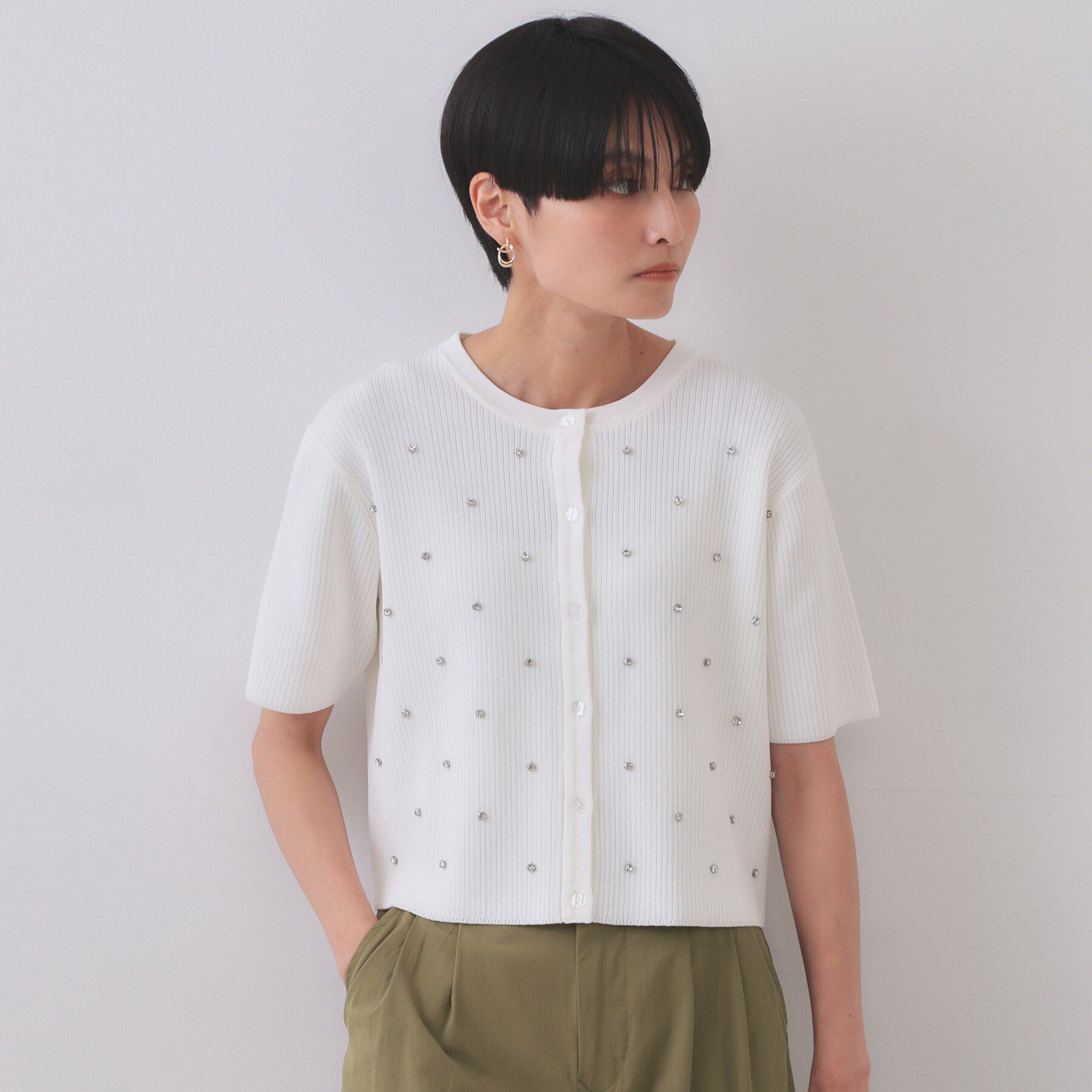 OPAQUE.CLIP「フロントビジューリブニットカーディガン【洗濯機洗い可/抗ピル】」|カーディガン|