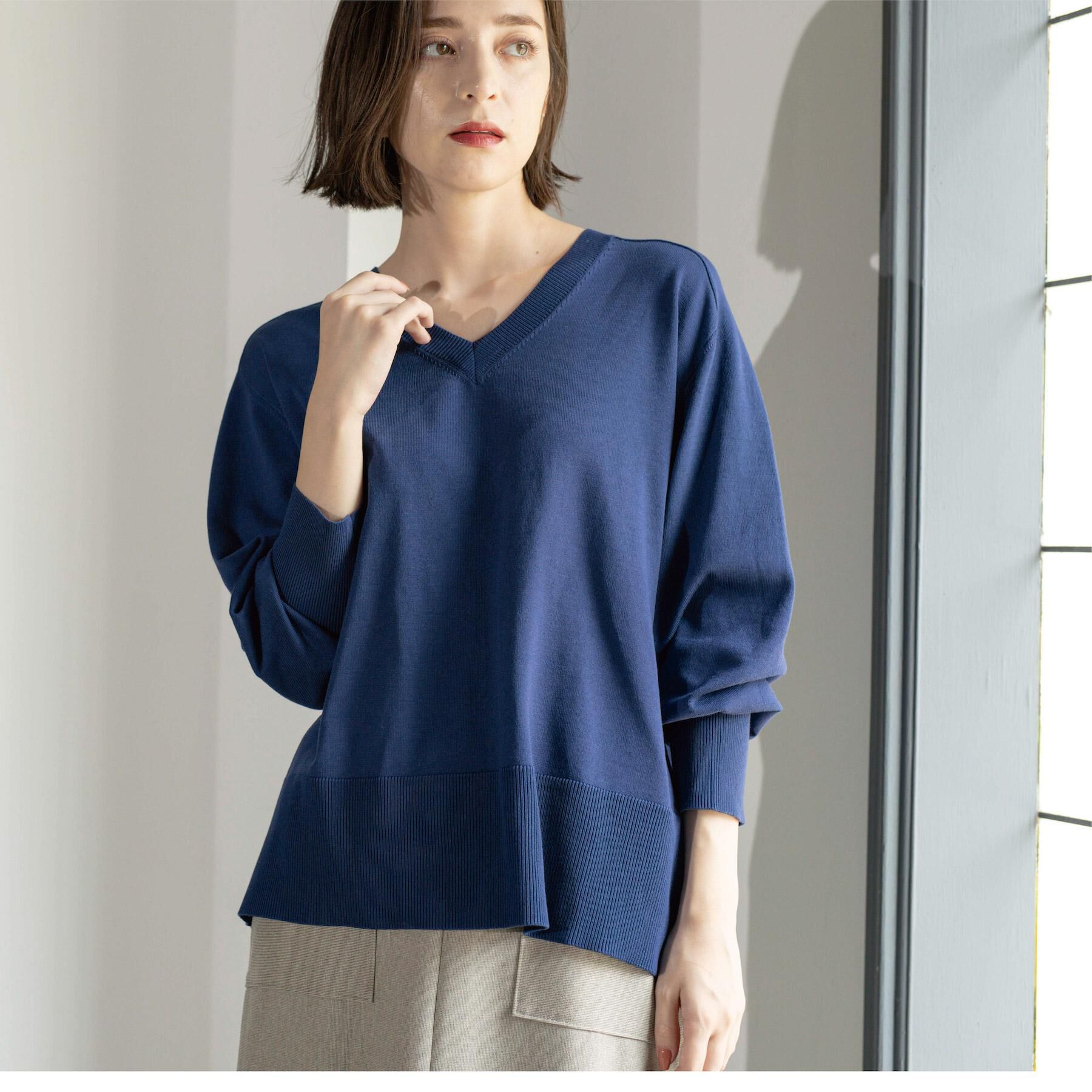 OPAQUE.CLIP「リラクシーVネックニット【洗濯機洗OK】《6col》」|ニット・セーター|ブルー(093)