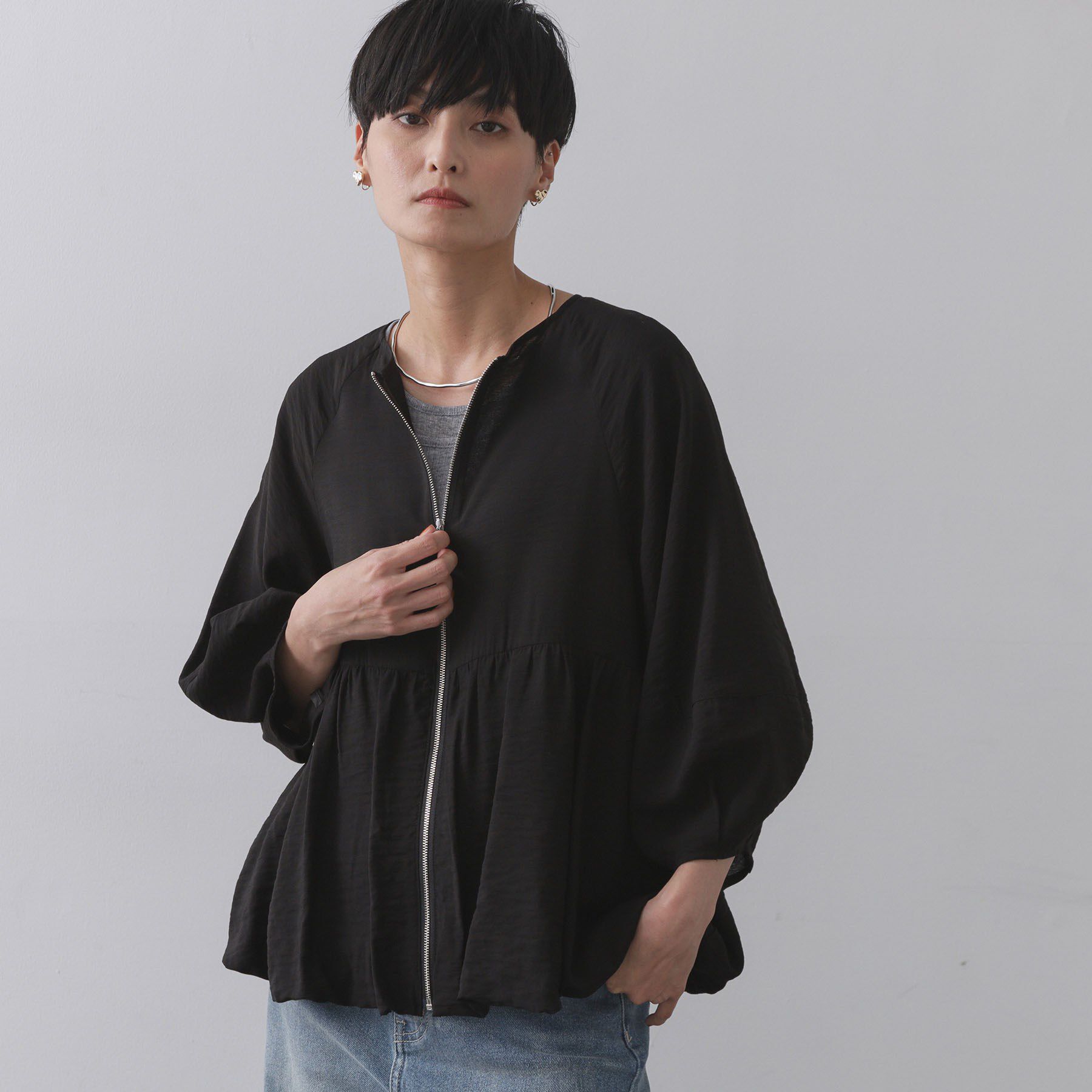 OPAQUE.CLIP「シアーバルーンペプラムブルゾン【洗える】」|ブルゾン・スタジャン|ブラック(019)