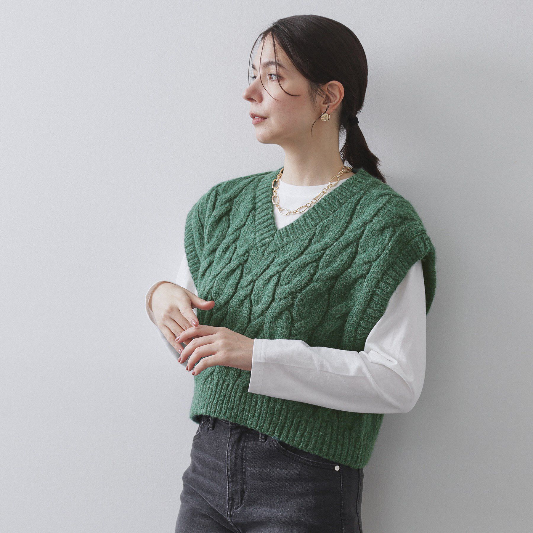 OPAQUE.CLIP「ケーブルローゲージベスト【洗濯機OK】」|ベスト・ジレ|グリーン(024)