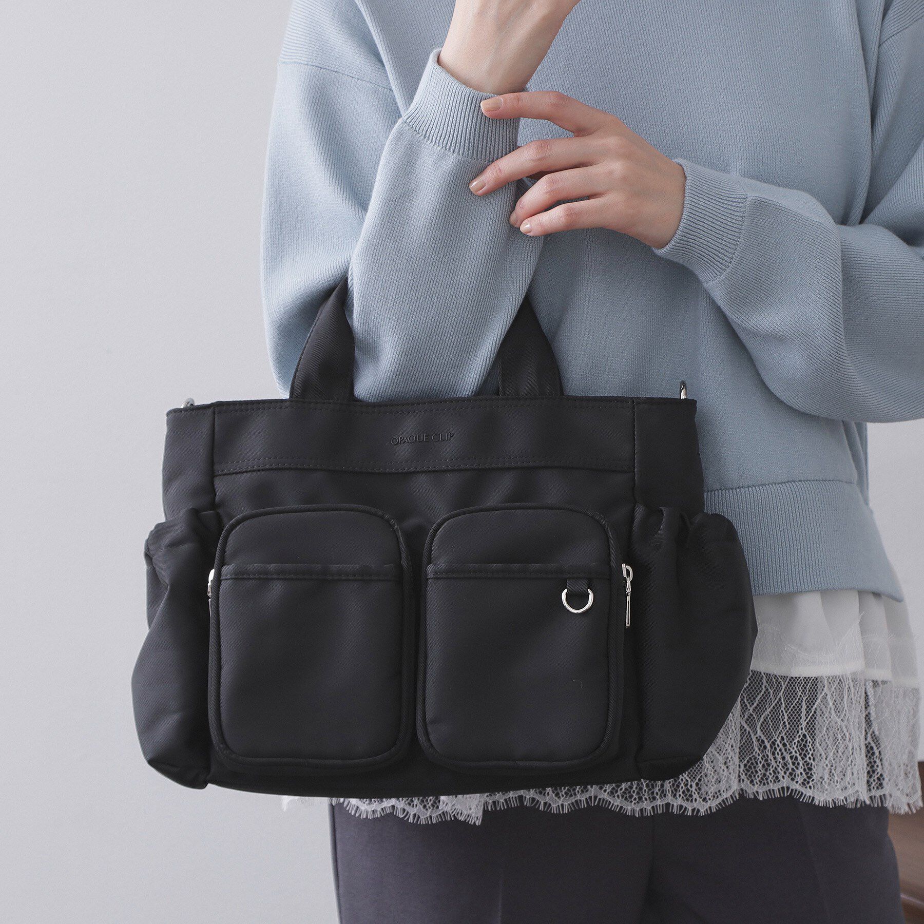 OPAQUE.CLIP「フロントWポケット3層デザインミドルトートバッグ【2WAY／マルチポケット】」|トートバッグ|