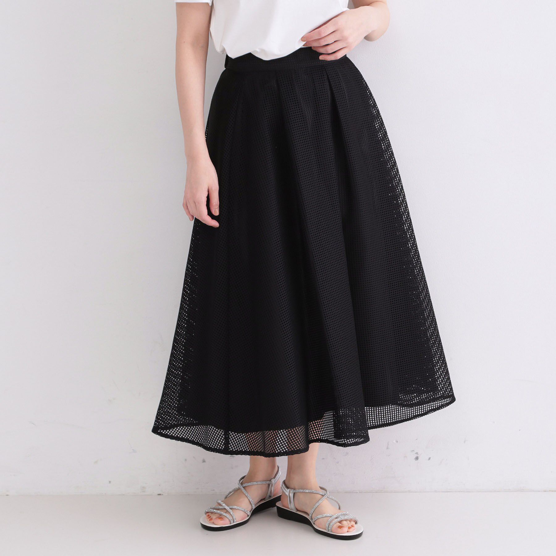 OPAQUE.CLIP「プリントアソートメッシュフレアスカート【洗濯機OK】」|スカート|ブラック(019)