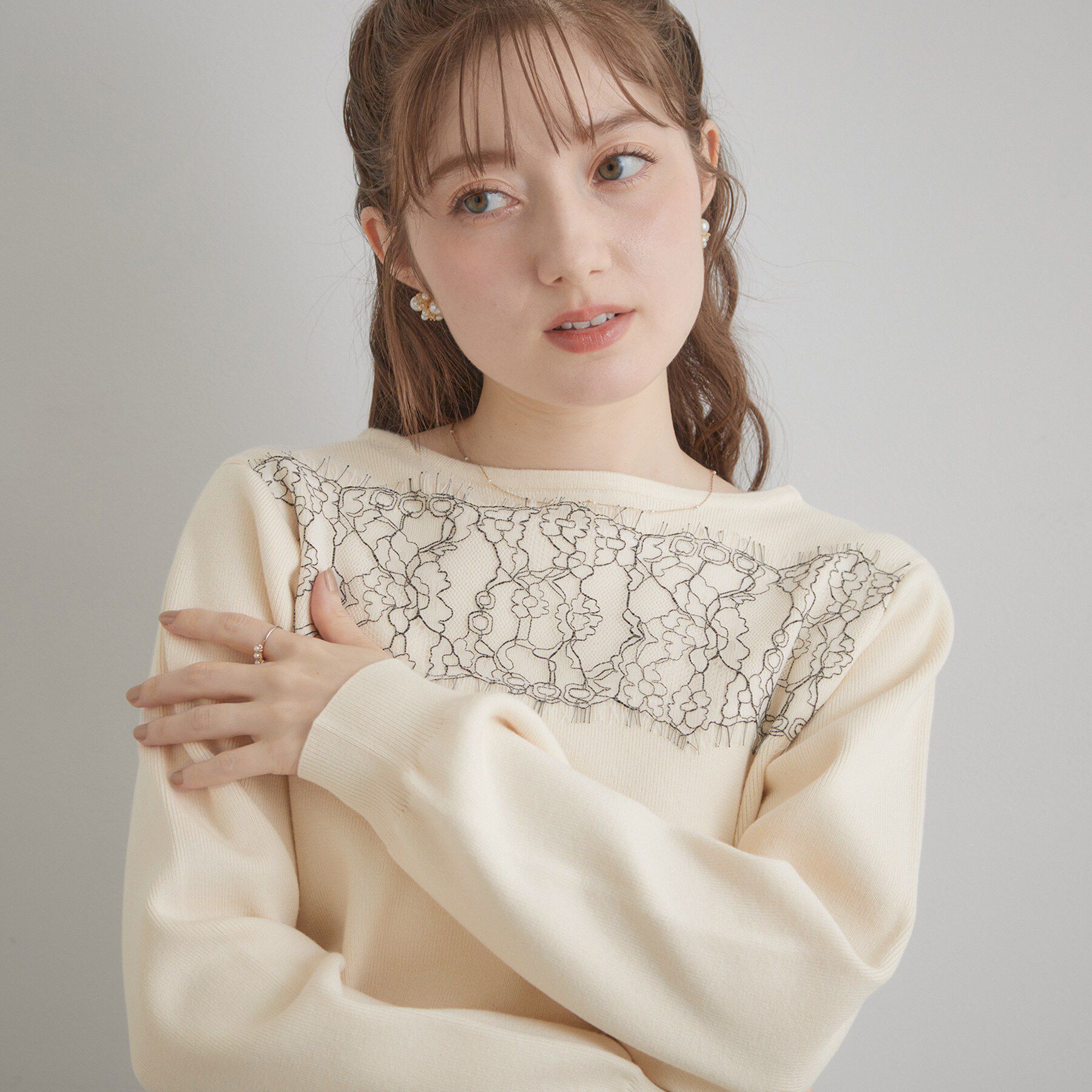 Couture broach「【洗える・通勤】レース ドッキング ニット」|ニット・セーター|
