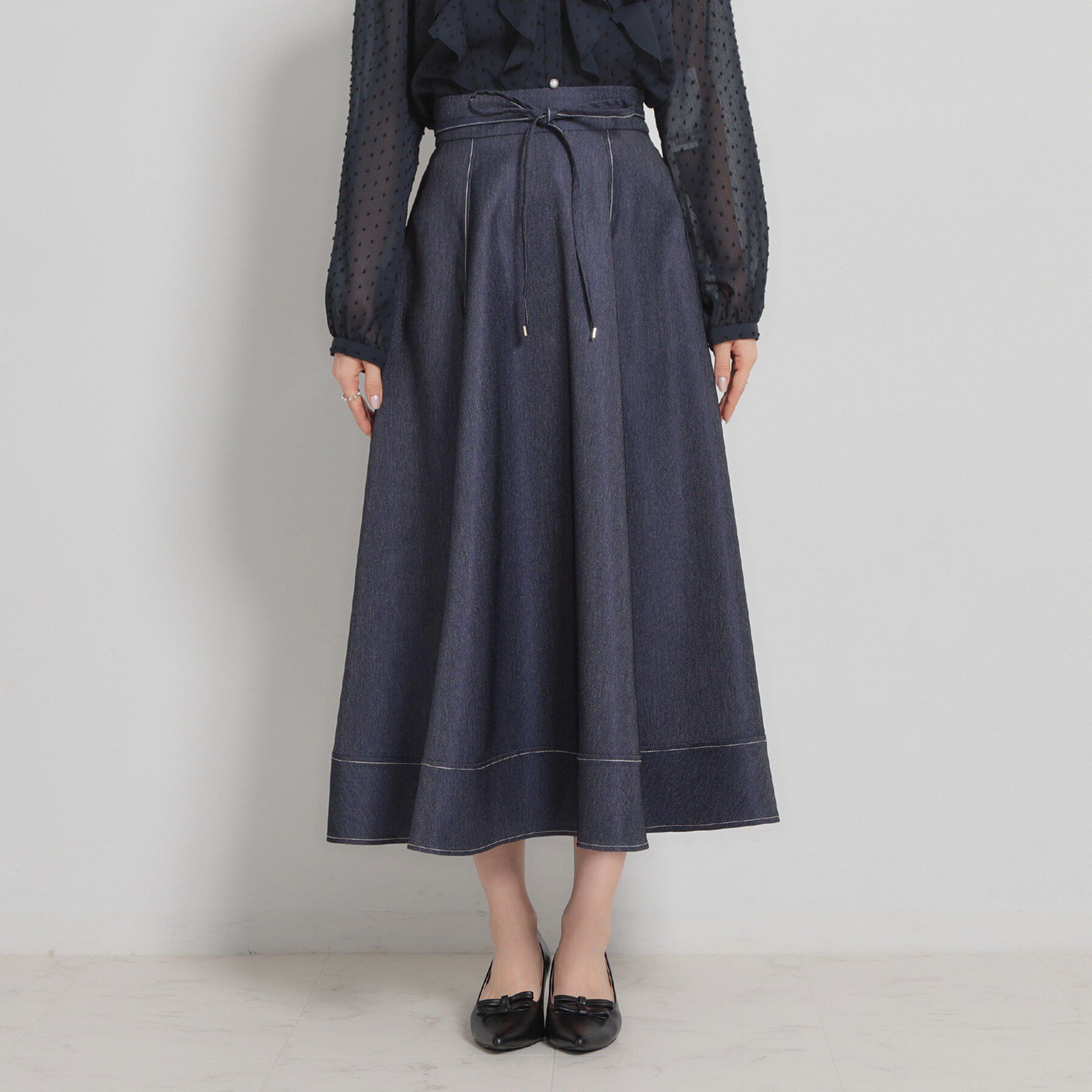 Couture broach「【洗える】デニムライク細リボンスカート」|スカート|