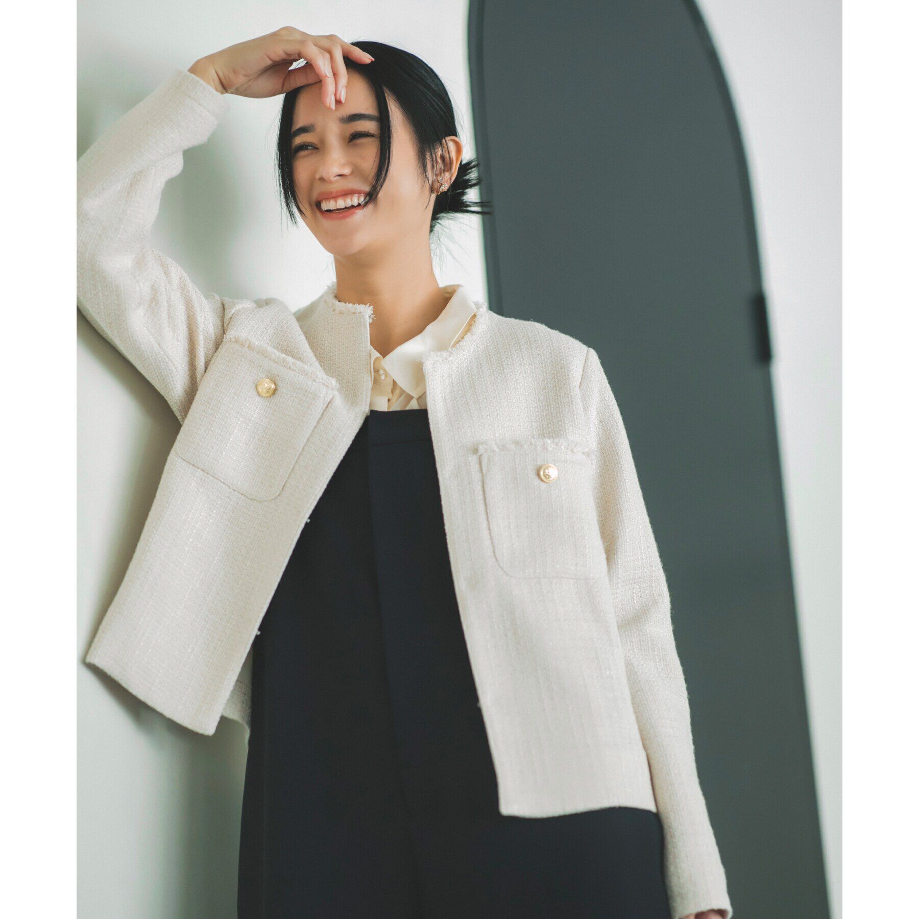 THE SHOP TK「【ONOFF活躍/セレモニー/通勤】ツイードノーカラージャケット/洗える」|ノーカラージャケット|