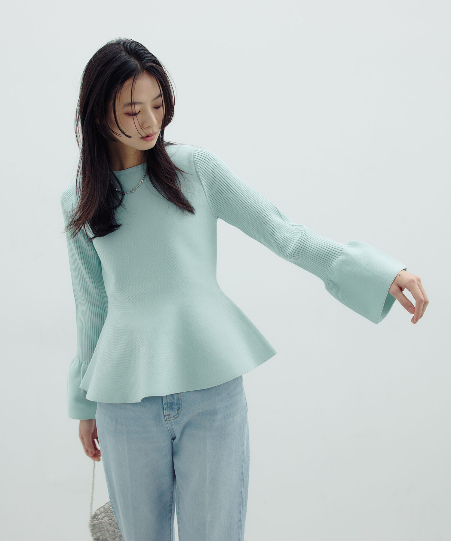  「ベルスリーブペプラムニット」|ニット・セーター|ライトグリー