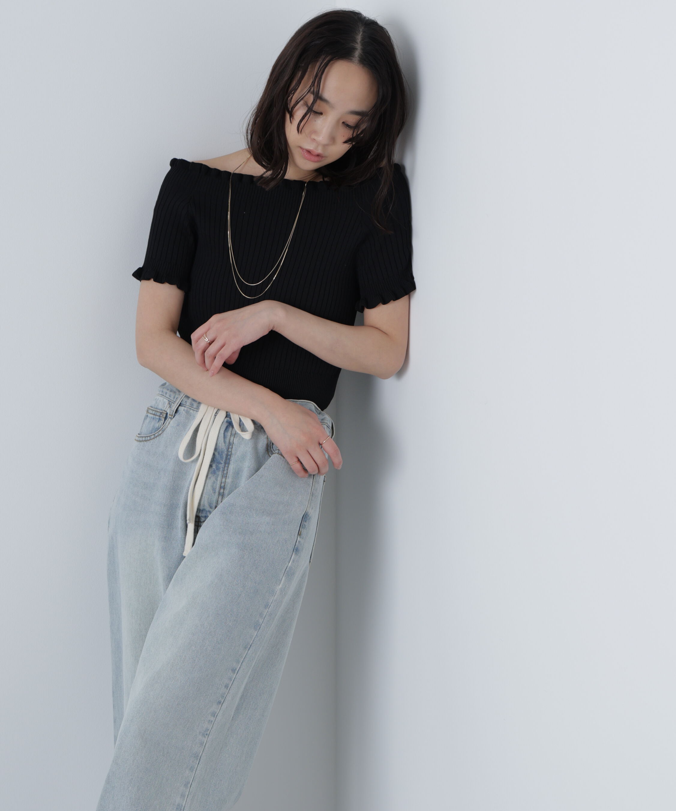  「2wayオフショルフリルリブ半袖ニット」|ニット・セーター|ブラック