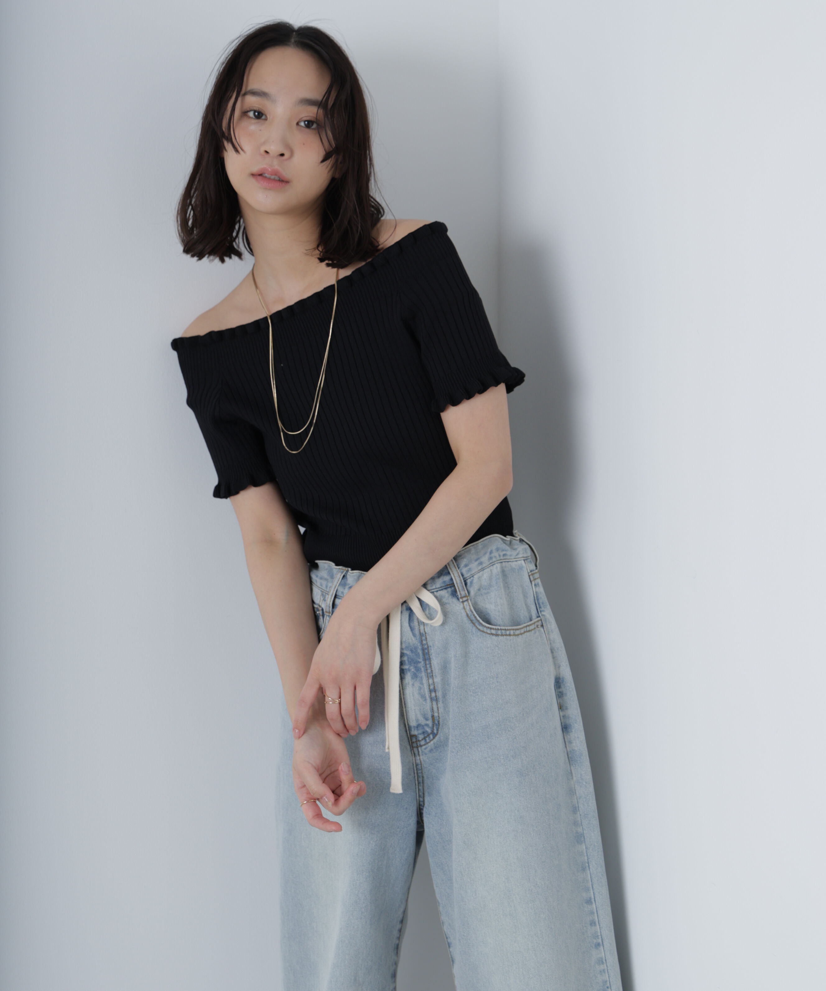  「2wayオフショルフリルリブ半袖ニット」|ニット・セーター|