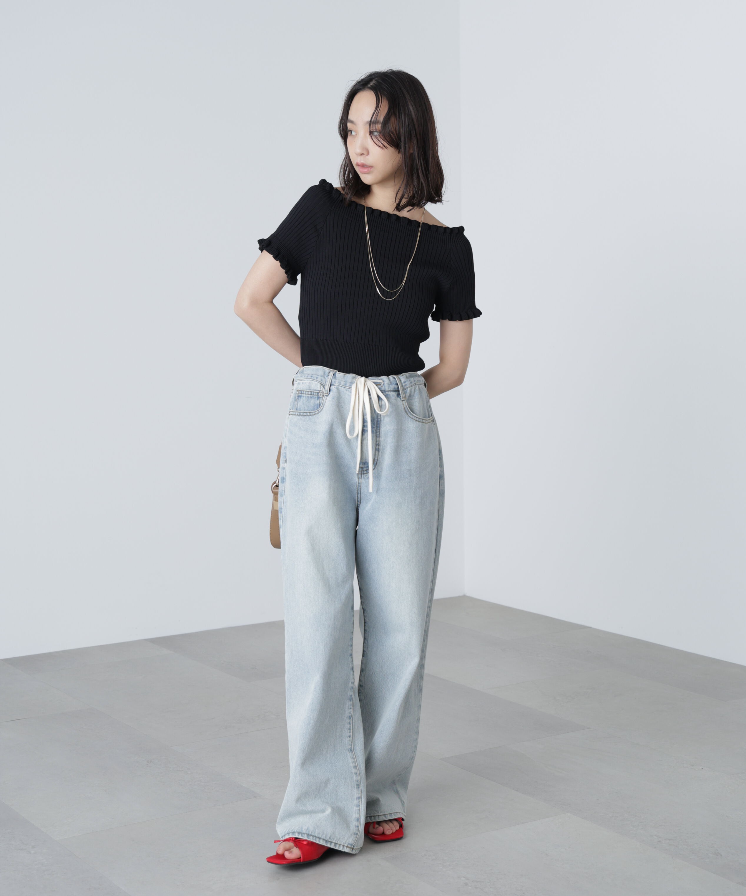  「2wayオフショルフリルリブ半袖ニット」|ニット・セーター|