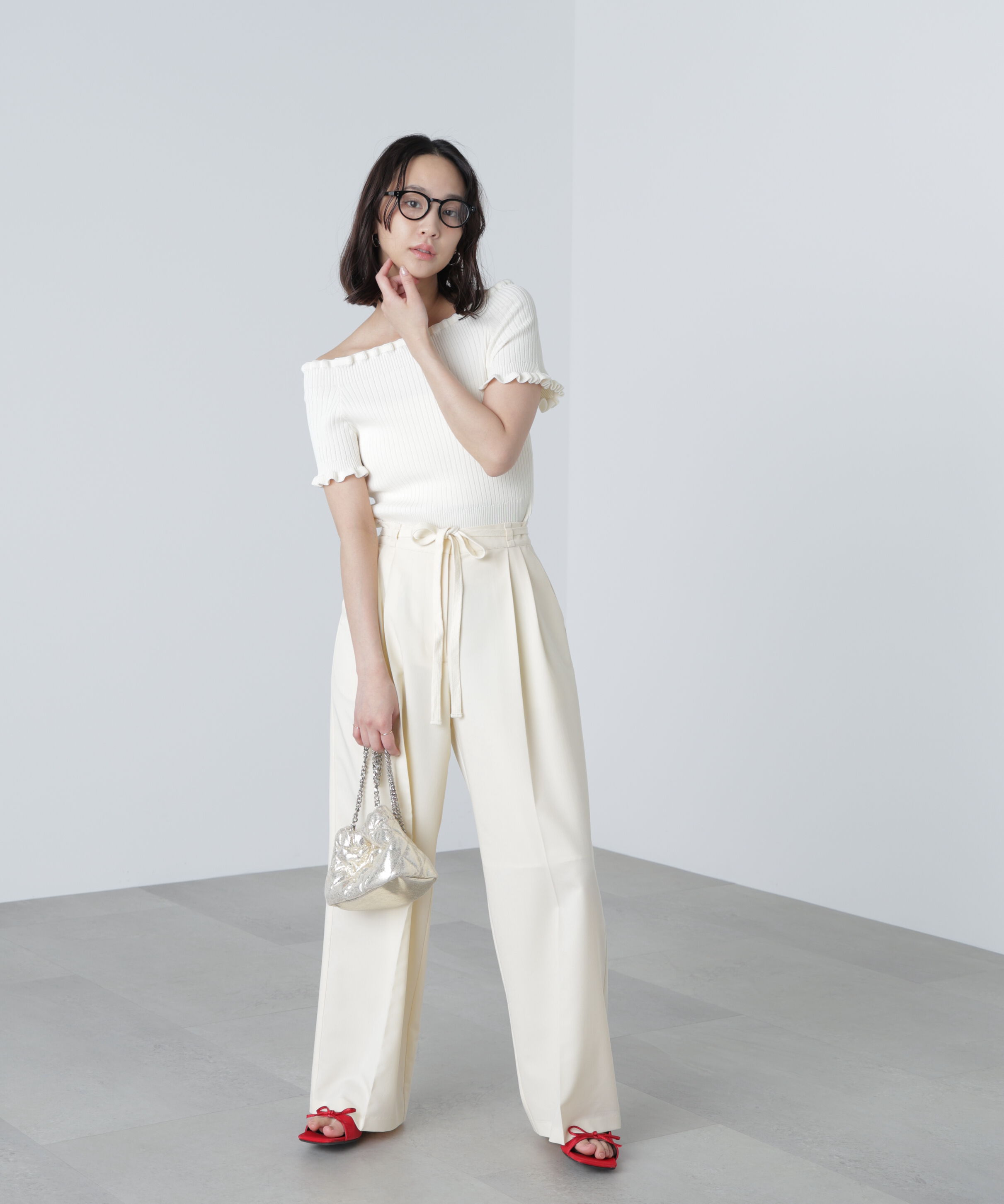  「2wayオフショルフリルリブ半袖ニット」|ニット・セーター|