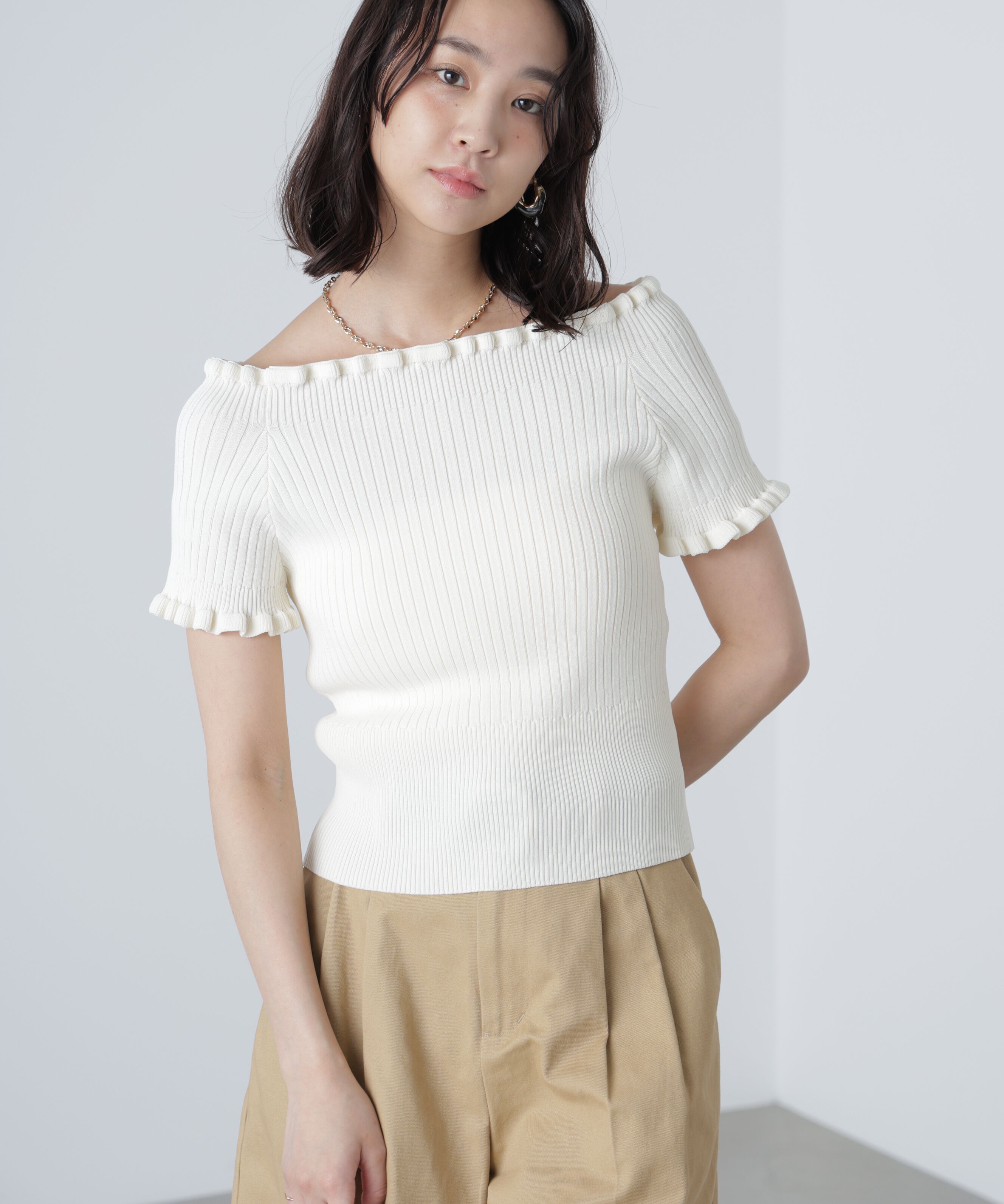  「2wayオフショルフリルリブ半袖ニット」|ニット・セーター|