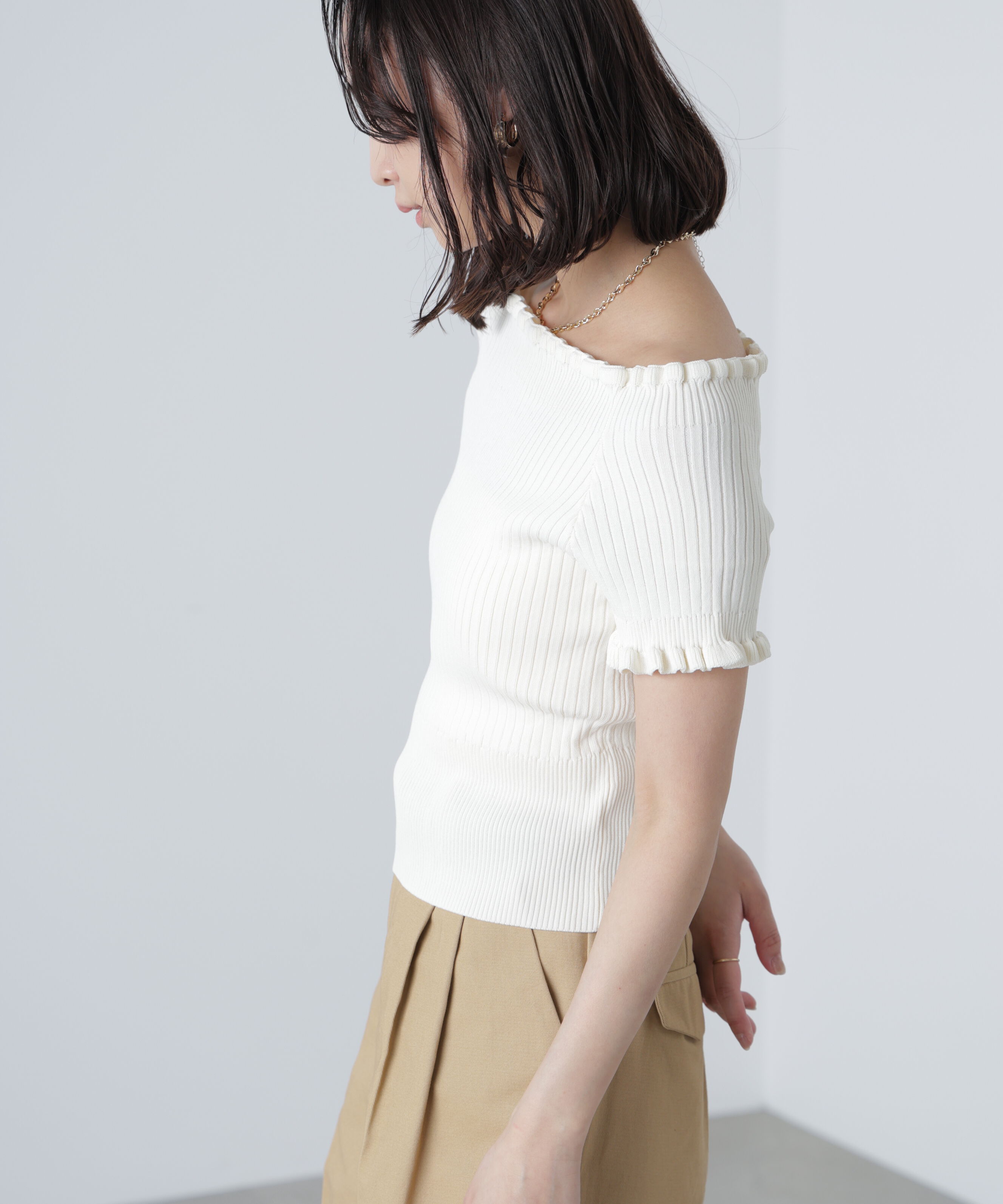  「2wayオフショルフリルリブ半袖ニット」|ニット・セーター|