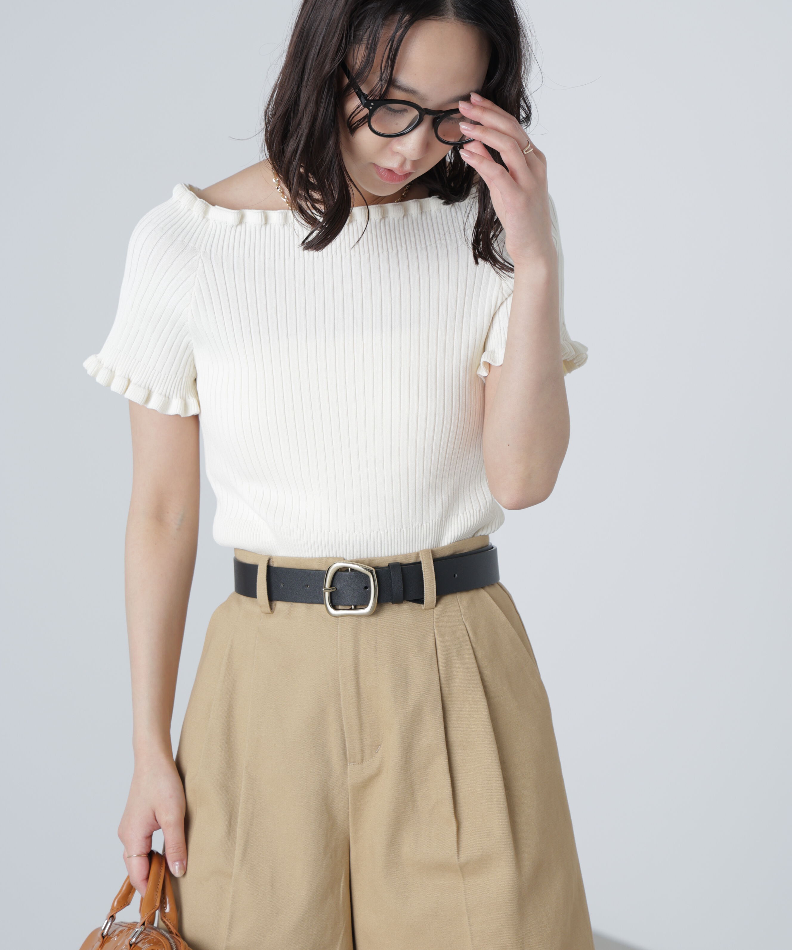  「2wayオフショルフリルリブ半袖ニット」|ニット・セーター|