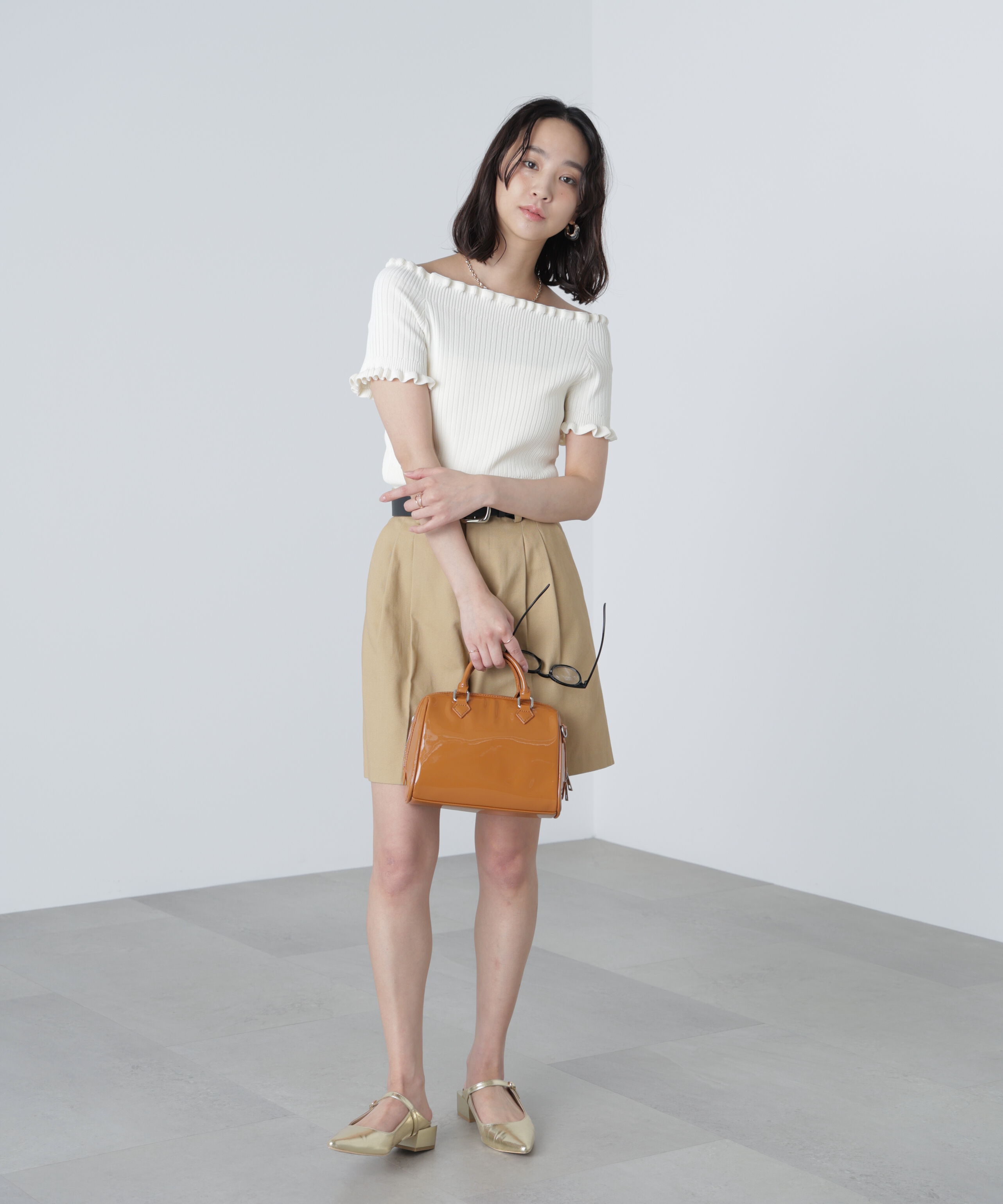  「2wayオフショルフリルリブ半袖ニット」|ニット・セーター|