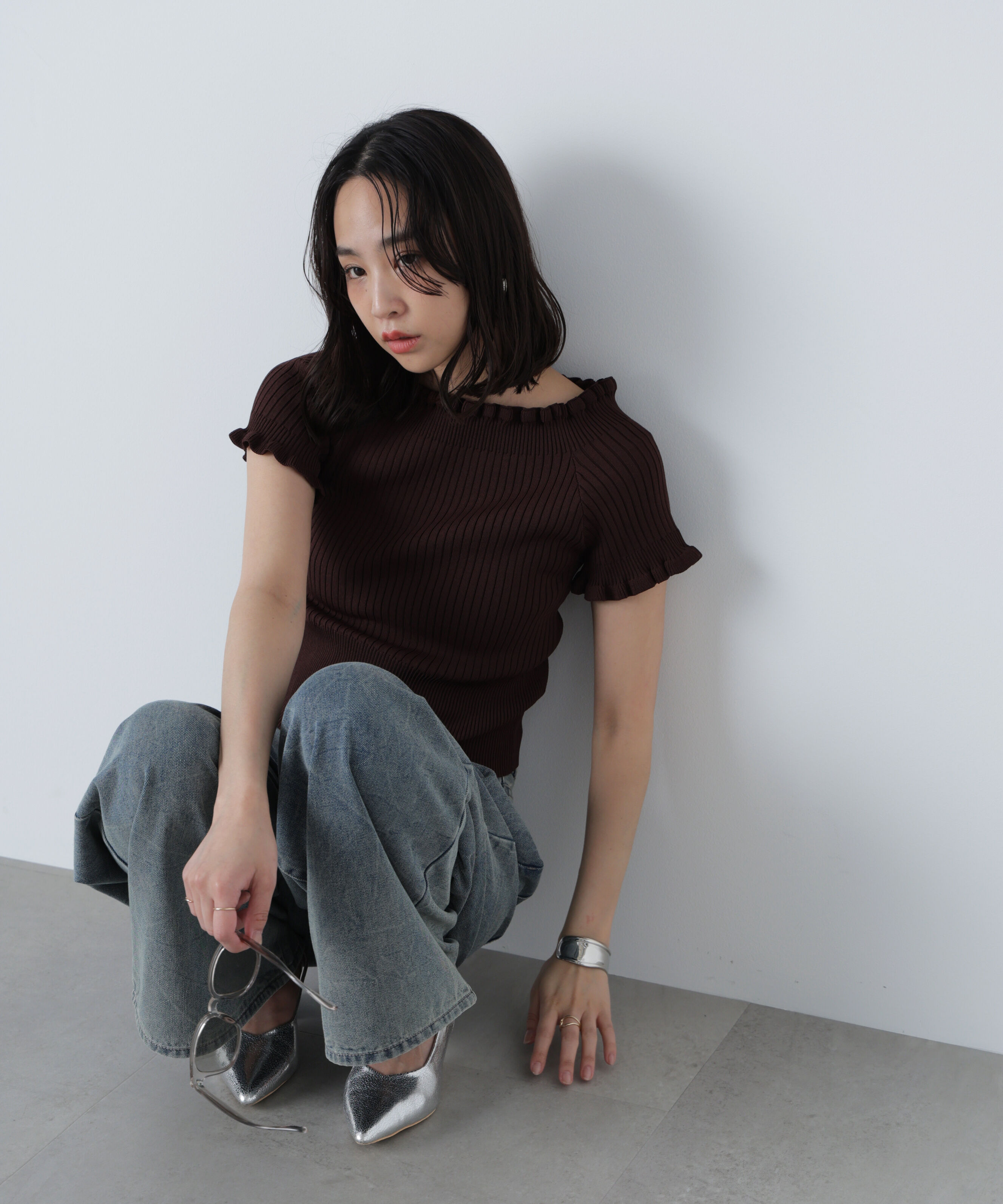  「2wayオフショルフリルリブ半袖ニット」|ニット・セーター|ブラウン