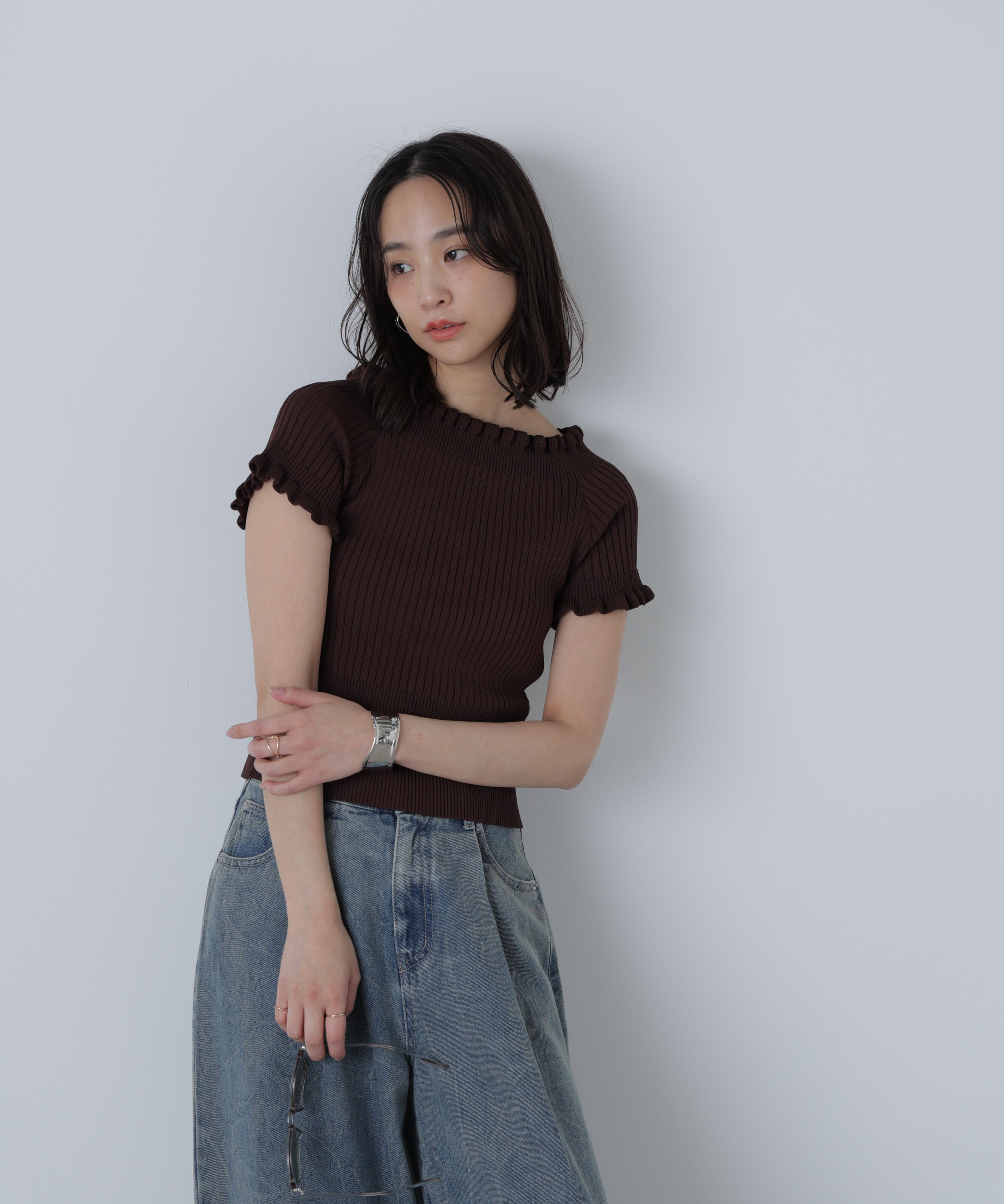  「2wayオフショルフリルリブ半袖ニット」|ニット・セーター|