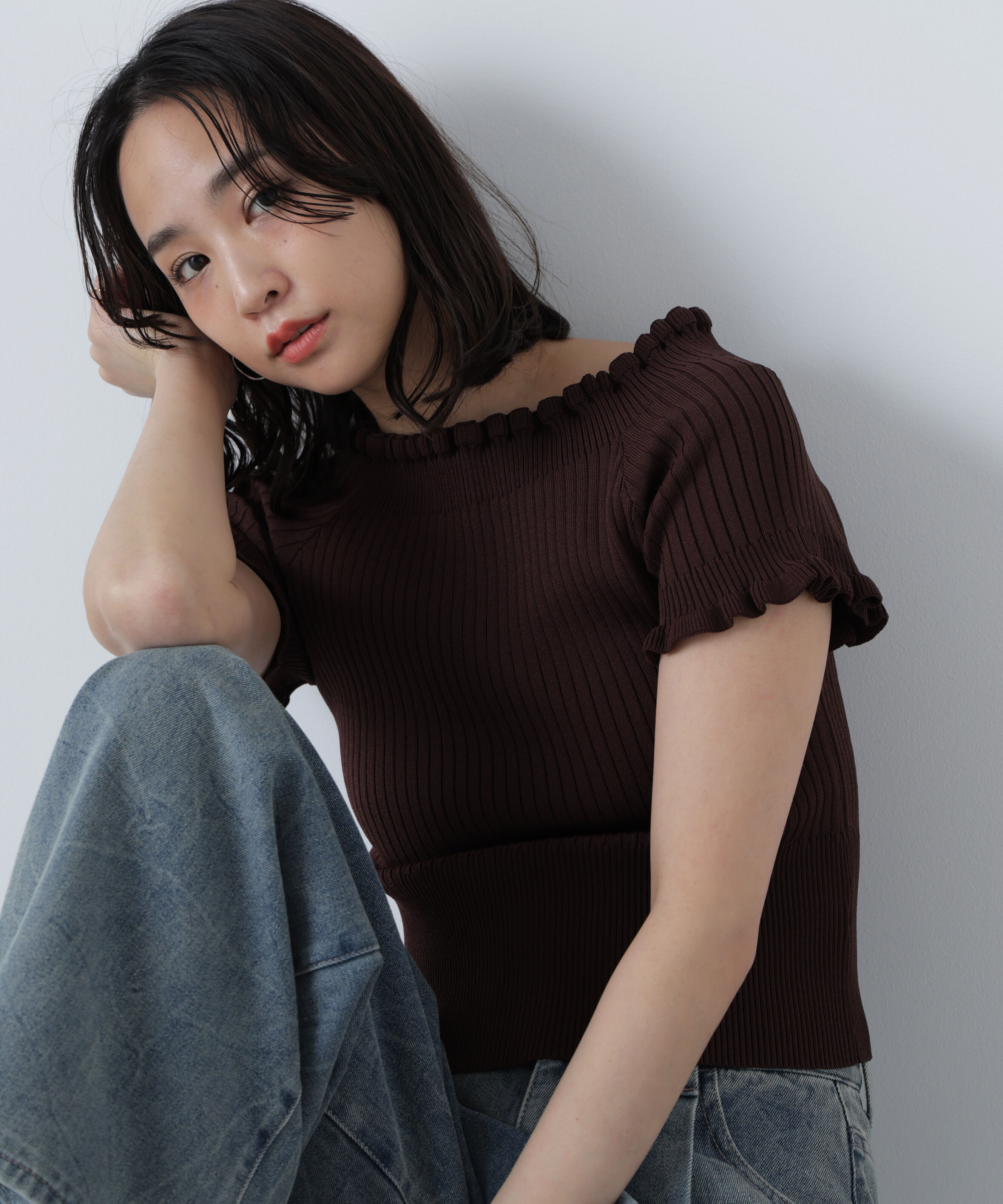  「2wayオフショルフリルリブ半袖ニット」|ニット・セーター|