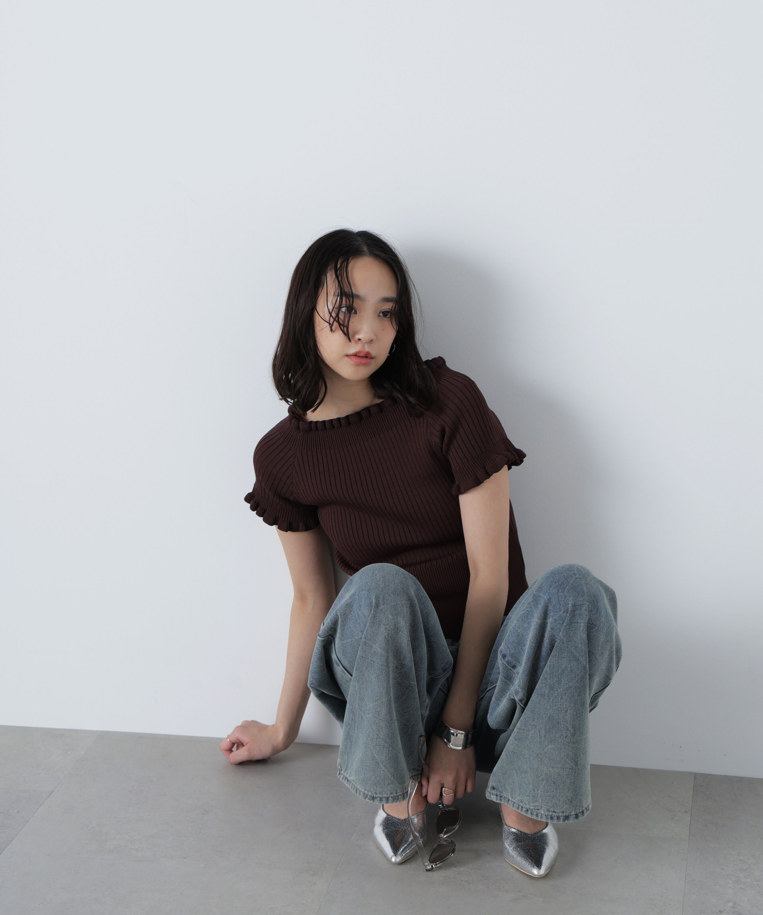  「2wayオフショルフリルリブ半袖ニット」|ニット・セーター|