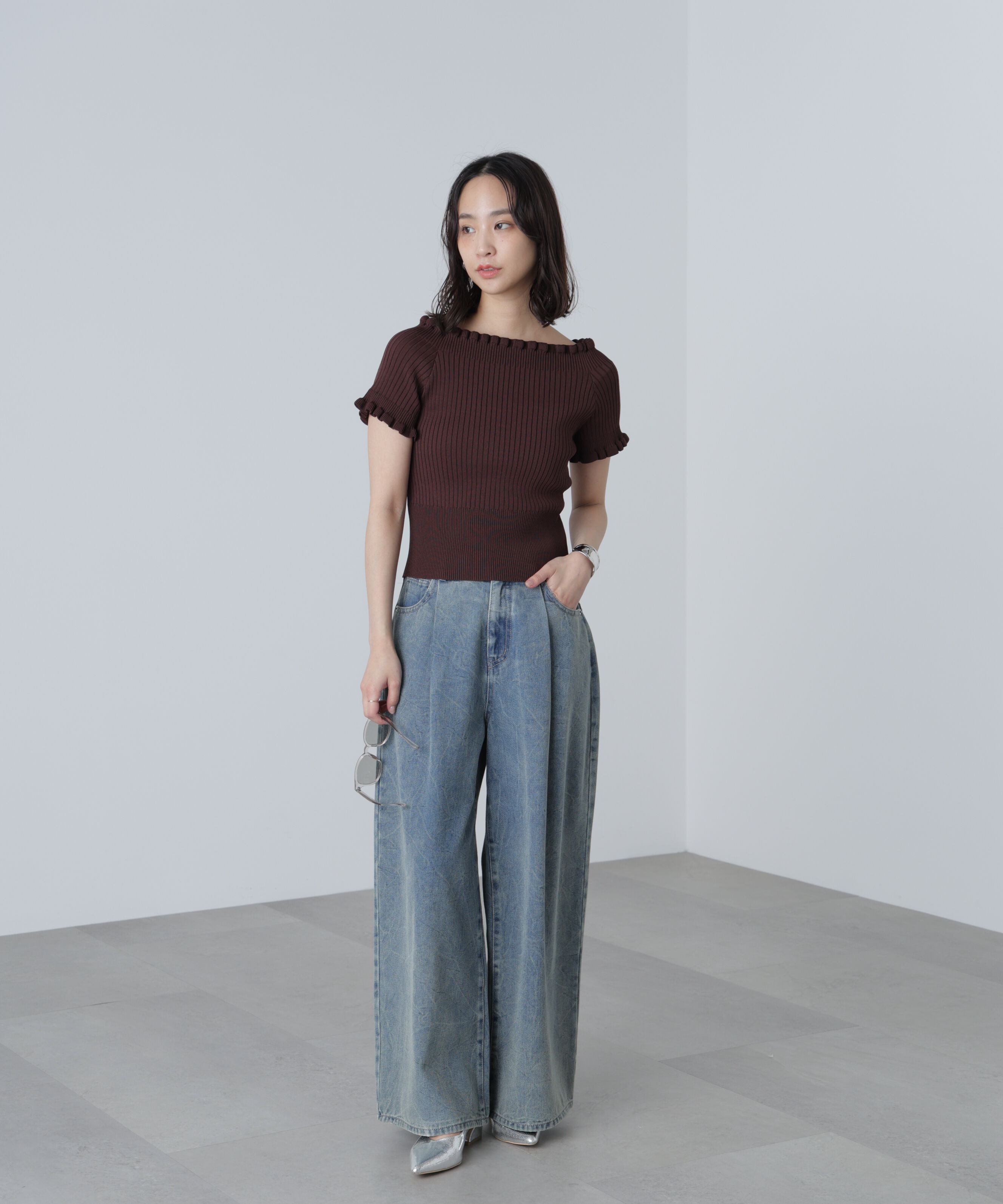  「2wayオフショルフリルリブ半袖ニット」|ニット・セーター|