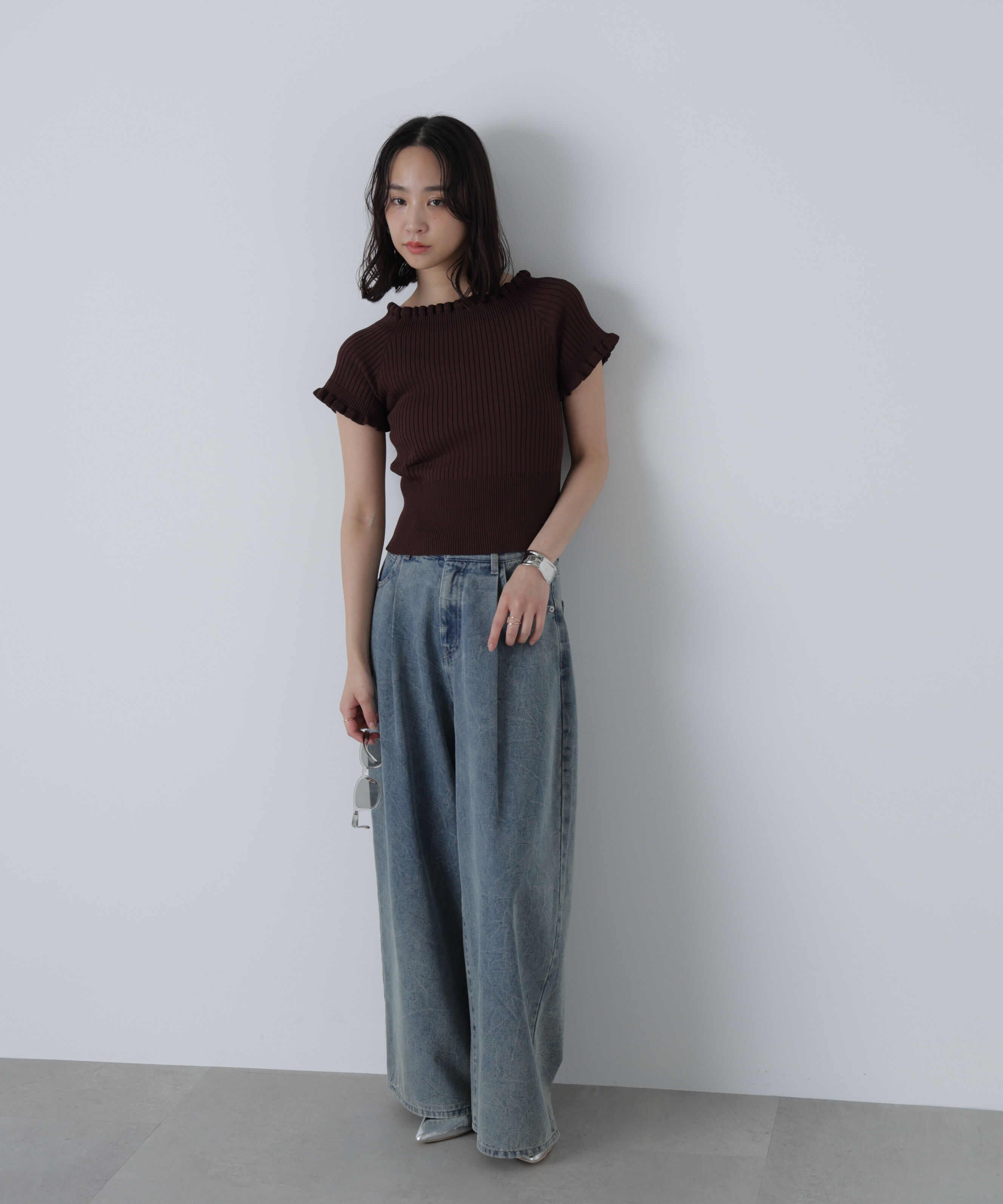  「2wayオフショルフリルリブ半袖ニット」|ニット・セーター|