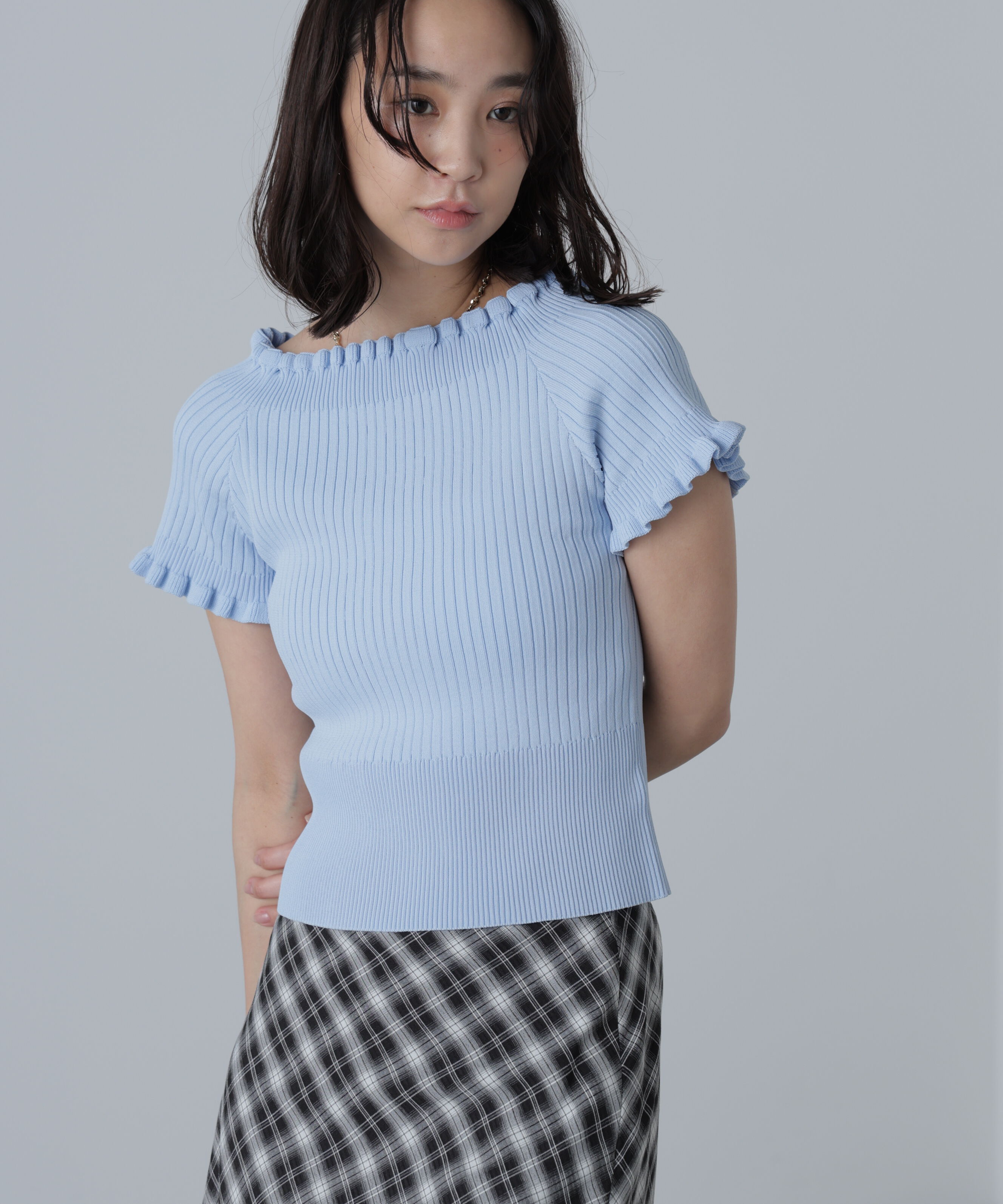  「2wayオフショルフリルリブ半袖ニット」|ニット・セーター|ライトブルー1