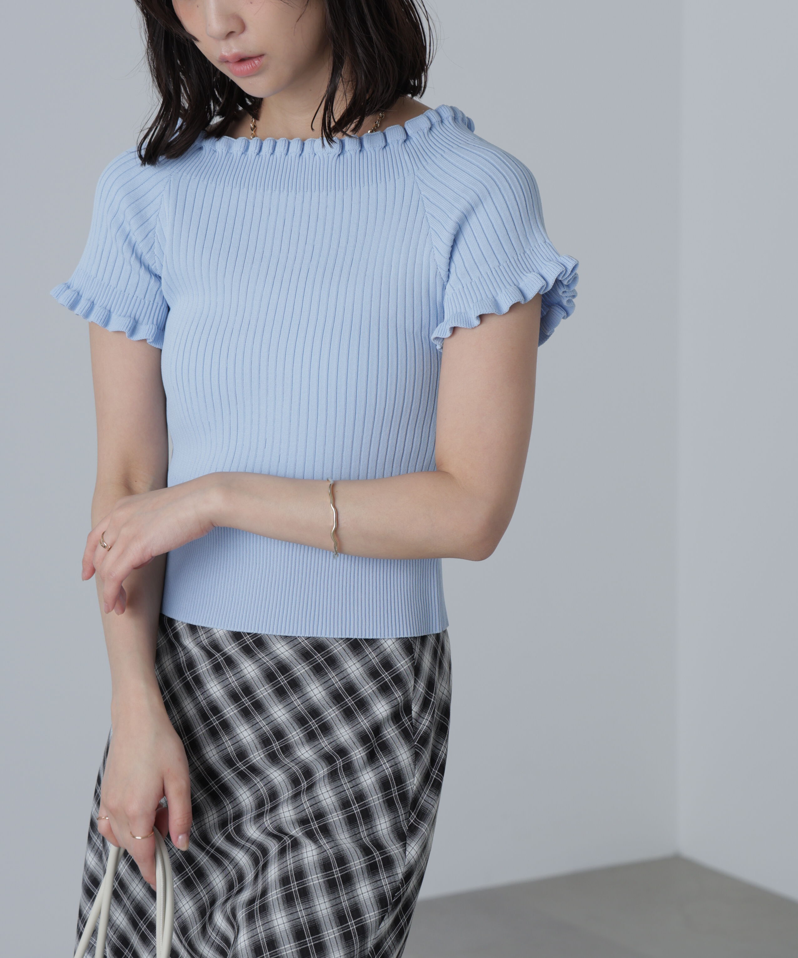  「2wayオフショルフリルリブ半袖ニット」|ニット・セーター|