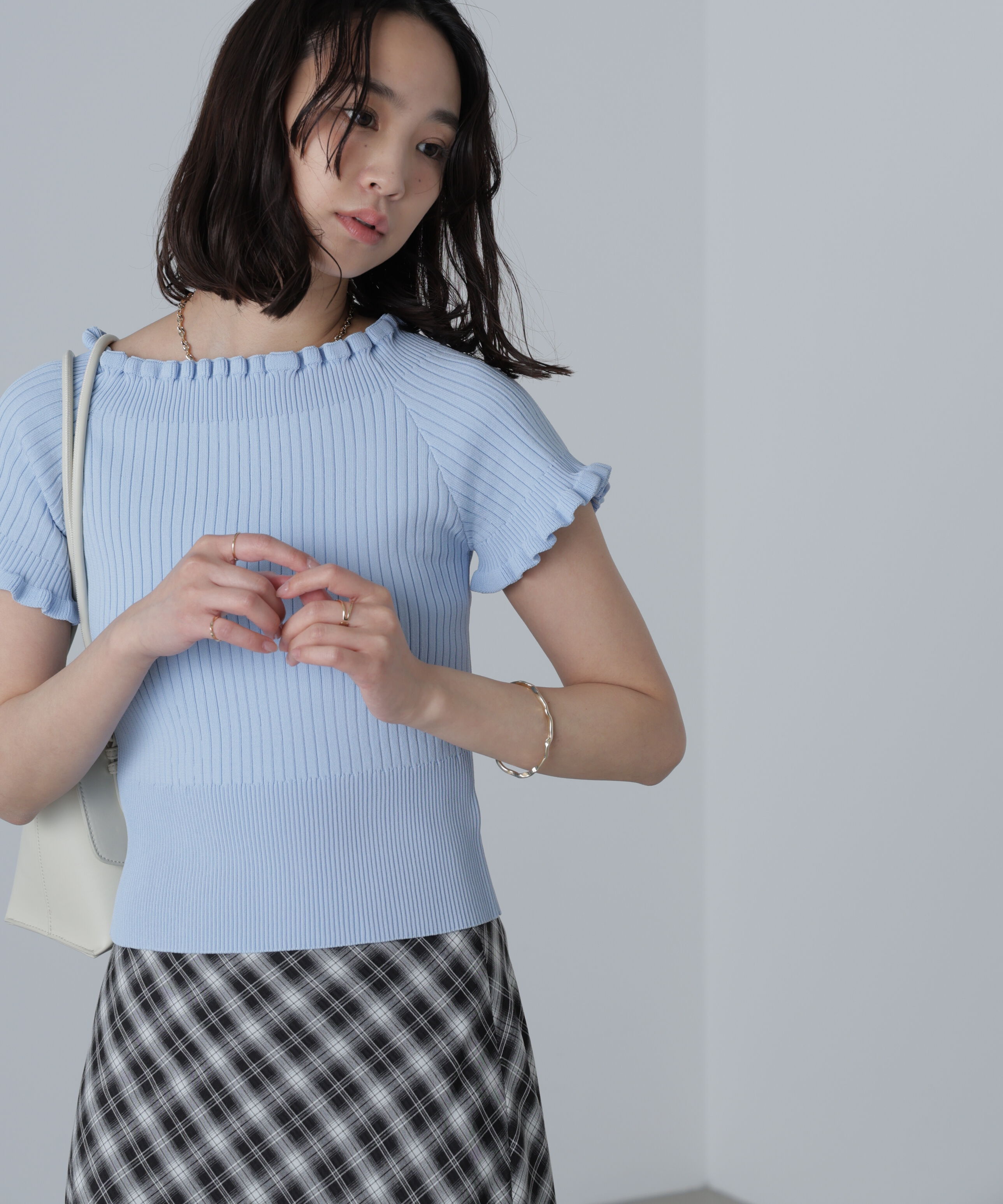  「2wayオフショルフリルリブ半袖ニット」|ニット・セーター|