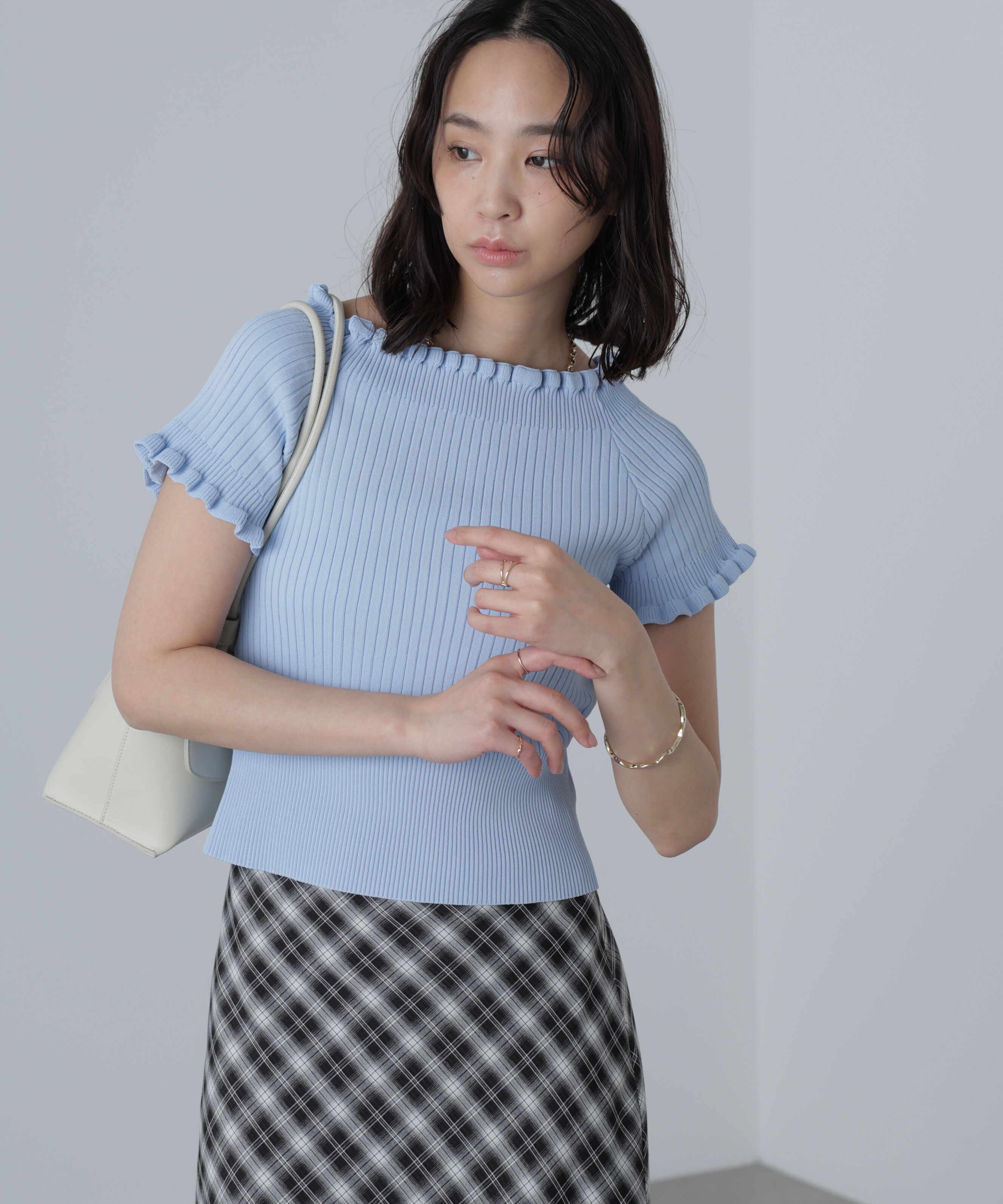  「2wayオフショルフリルリブ半袖ニット」|ニット・セーター|