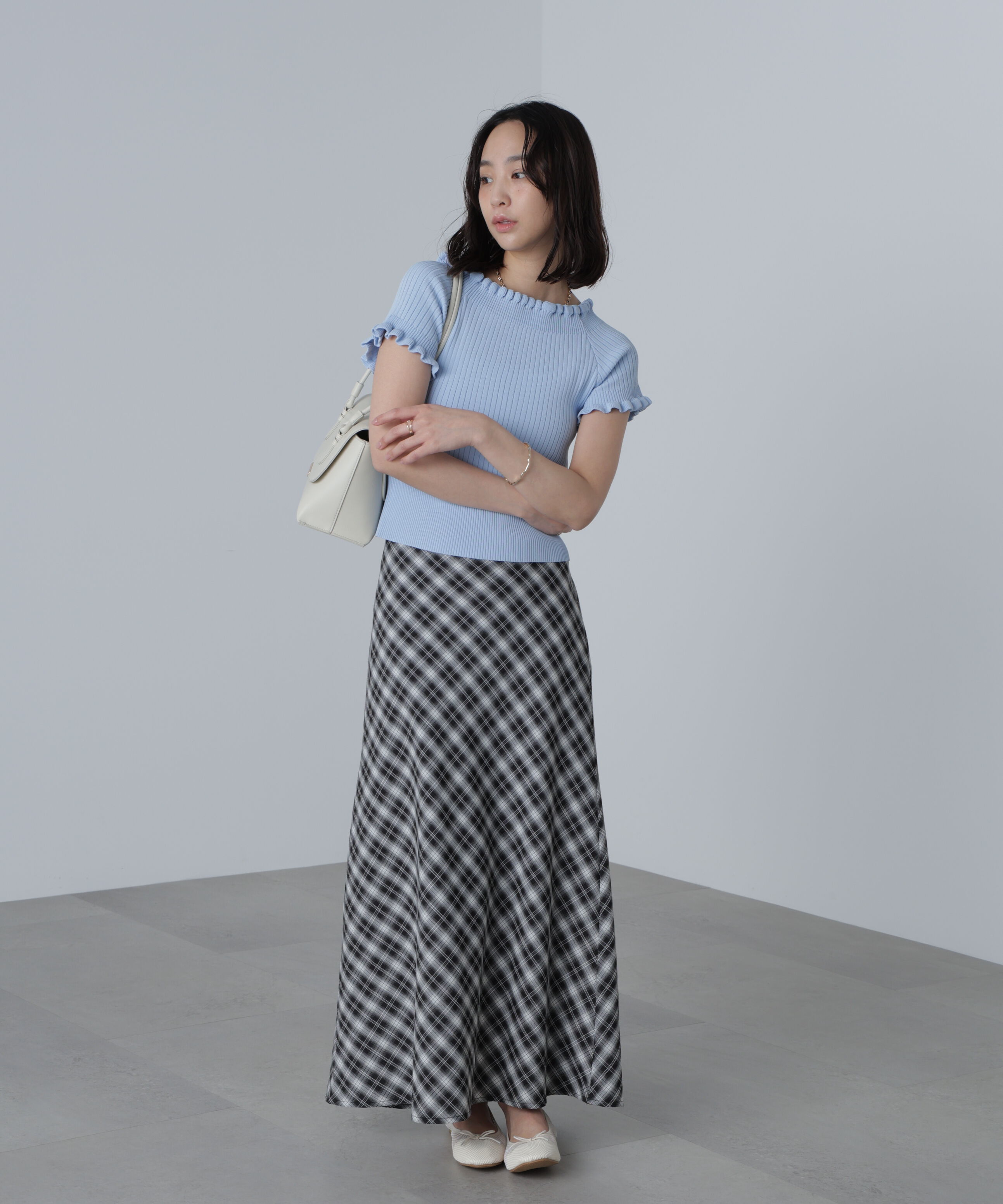  「2wayオフショルフリルリブ半袖ニット」|ニット・セーター|