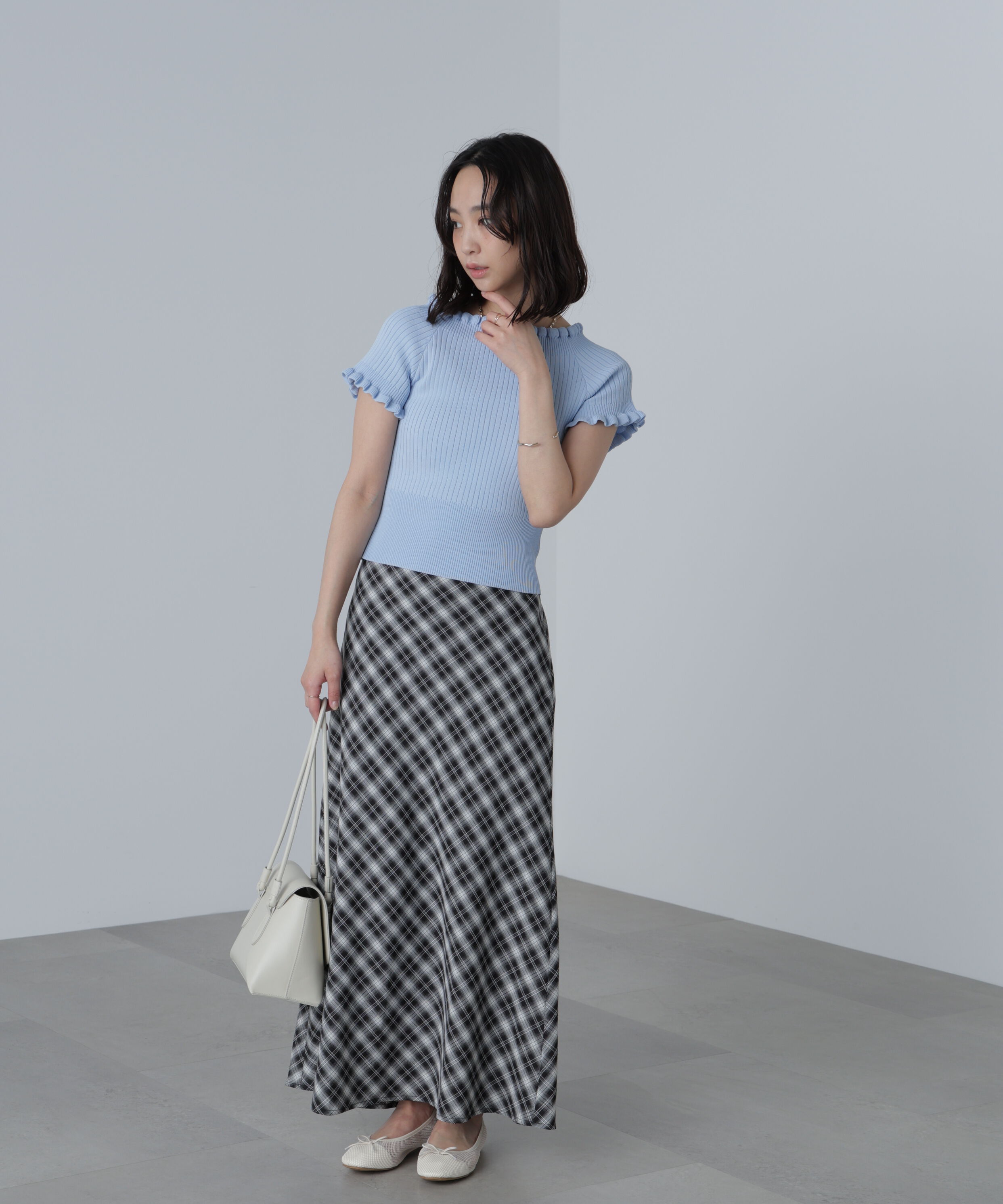  「2wayオフショルフリルリブ半袖ニット」|ニット・セーター|