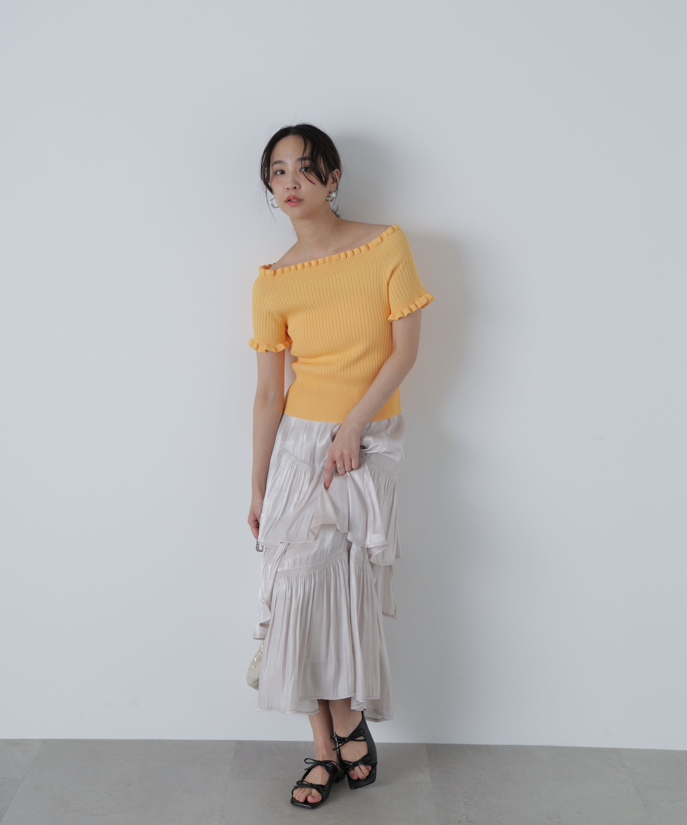  「2wayオフショルフリルリブ半袖ニット」|ニット・セーター|