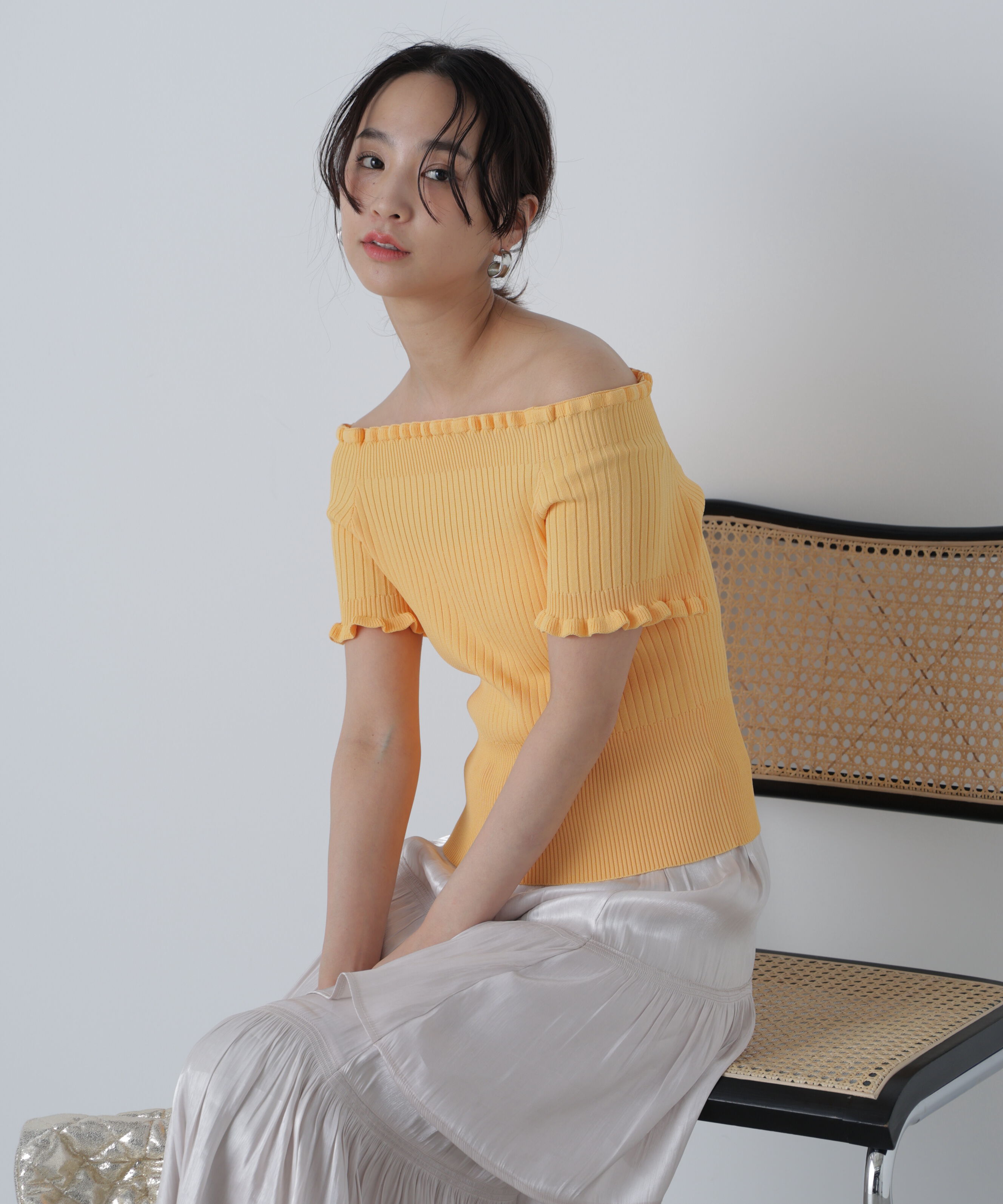  「2wayオフショルフリルリブ半袖ニット」|ニット・セーター|