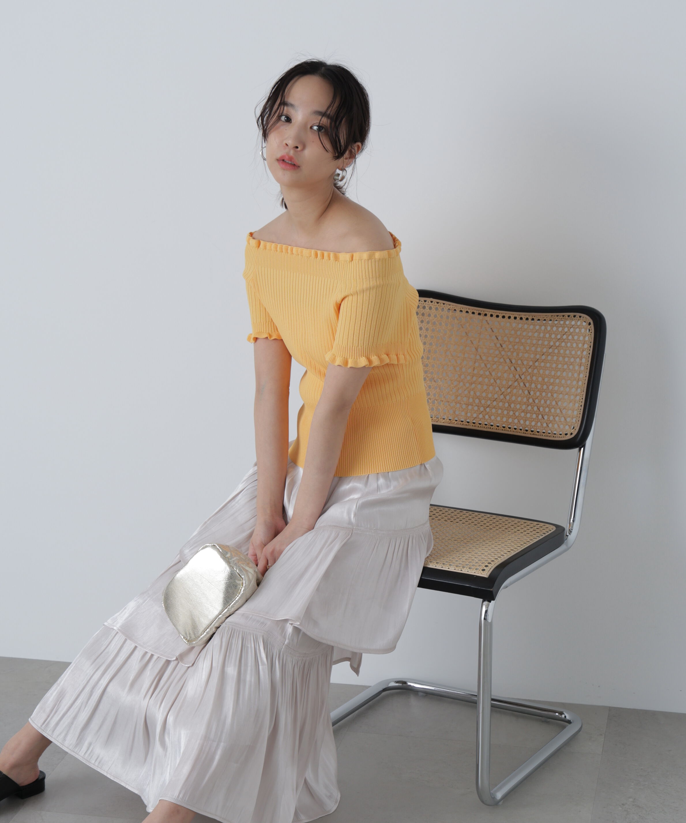  「2wayオフショルフリルリブ半袖ニット」|ニット・セーター|