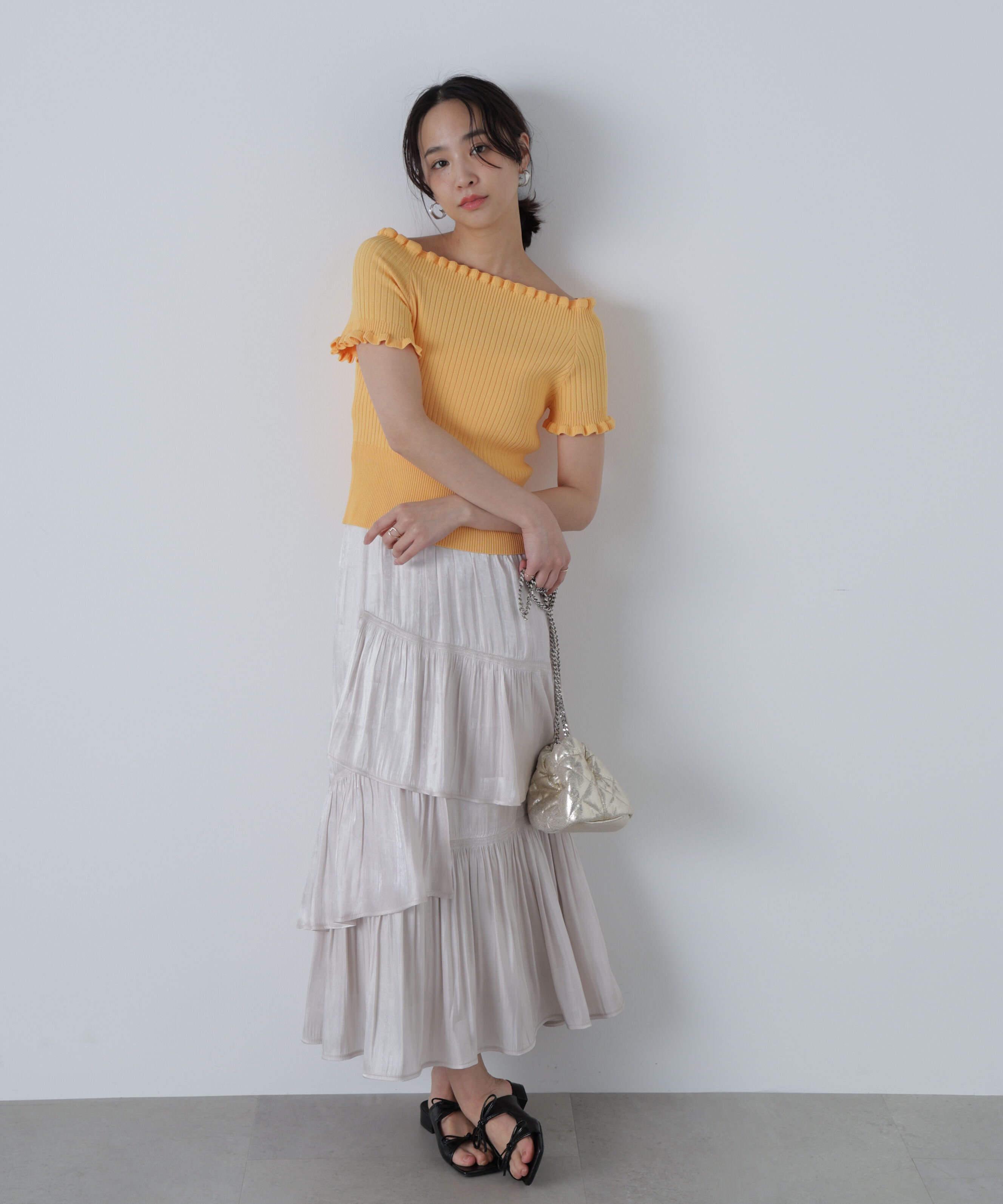  「2wayオフショルフリルリブ半袖ニット」|ニット・セーター|